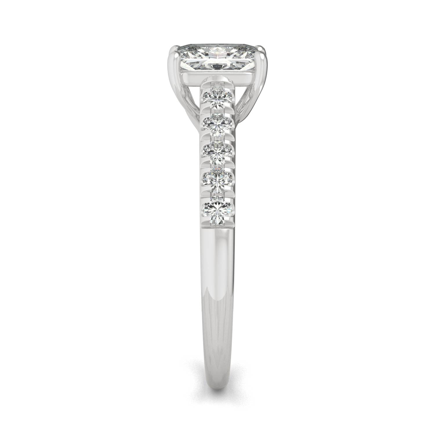 1.43 CTW DEW Radiant Moissanite Solitaire with Side Accents Engagement Ring in 14K White Gold