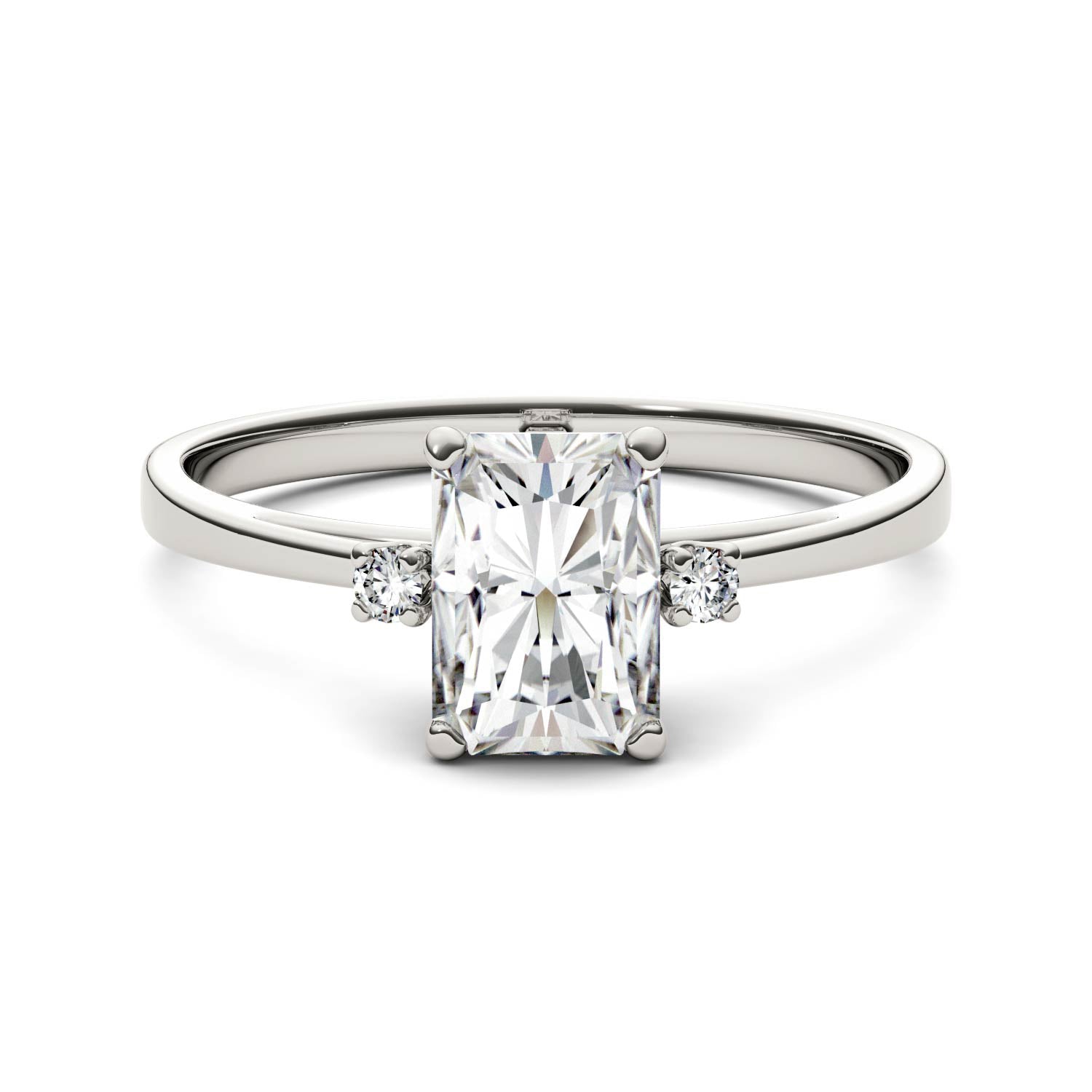 1.82 CTW DEW Radiant Forever One Moissanite Solitaire with Side Accents Engagement Ring in 14K White Gold,