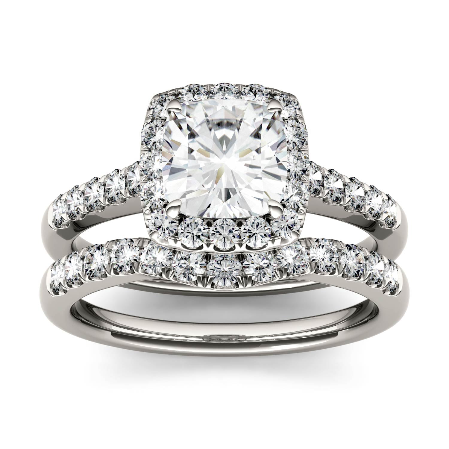 1.88 CTW DEW Cushion Moissanite Halo Bridal Set in 14K White Gold