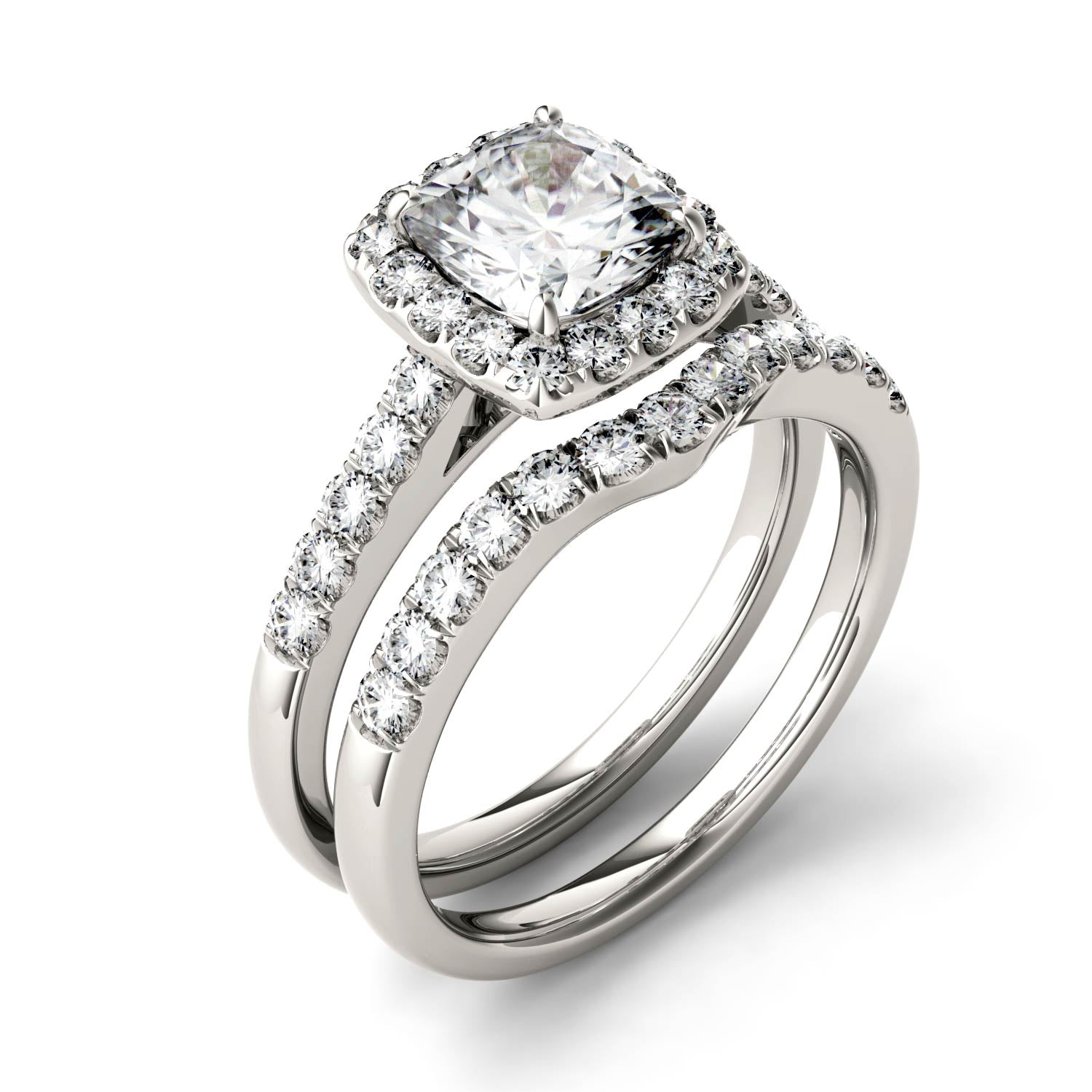 1.88 CTW DEW Cushion Moissanite Halo Bridal Set in 14K White Gold