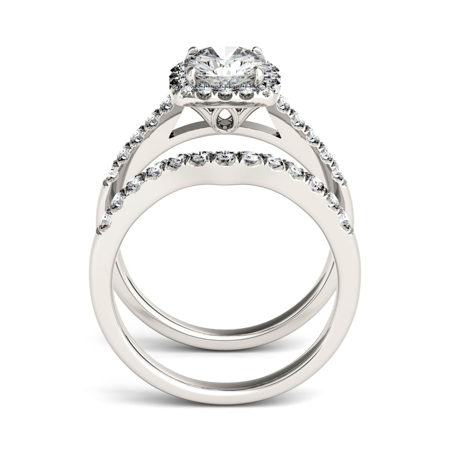 1.88 CTW DEW Cushion Moissanite Halo Bridal Set in 14K White Gold