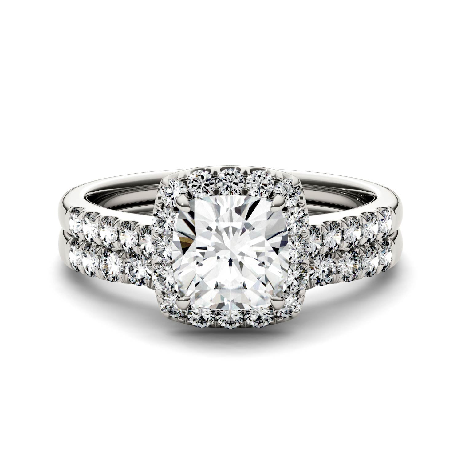 1.88 CTW DEW Cushion Moissanite Halo Bridal Set in 14K White Gold