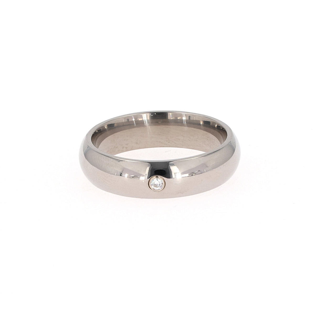 0.03 CTW DEW Round Moissanite Bezel Comfort Fit Wedding Band in Titanium