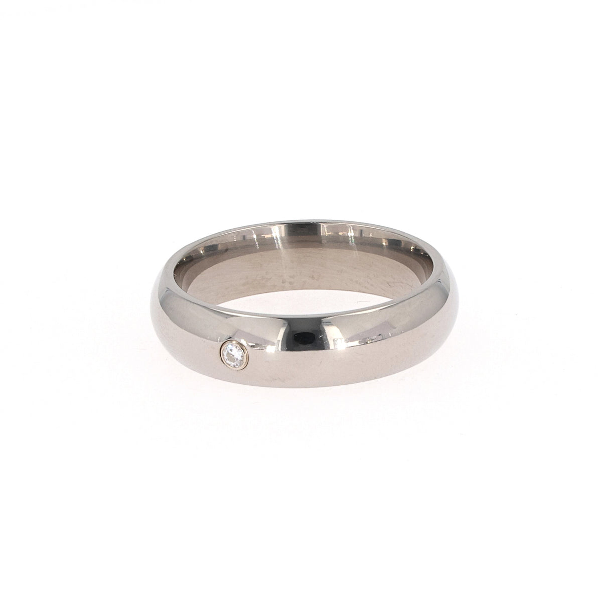 0.03 CTW DEW Round Moissanite Bezel Comfort Fit Wedding Band in Titanium