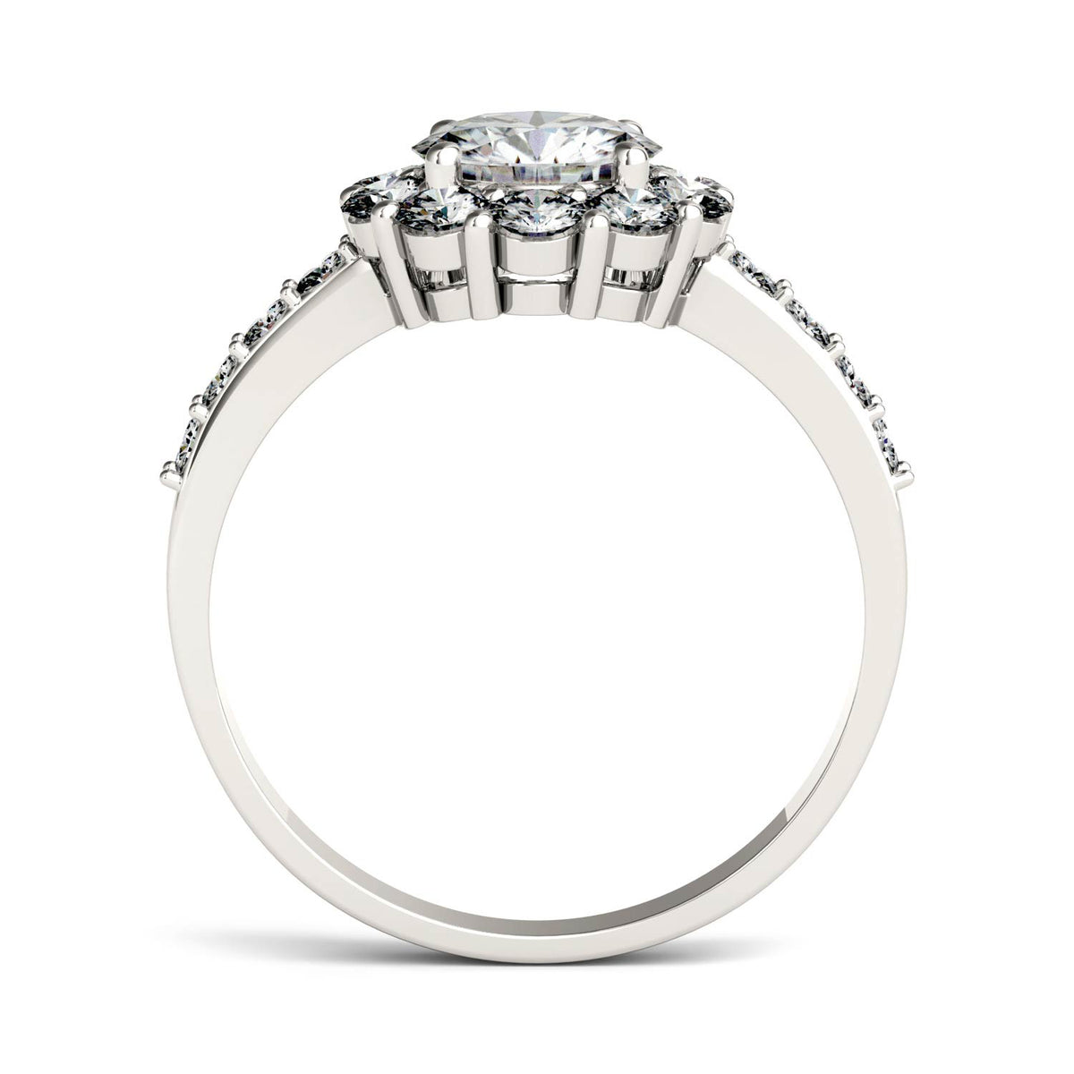 1.78 CTW DEW Round Moissanite Flower Halo Engagement Ring in 14K White Gold