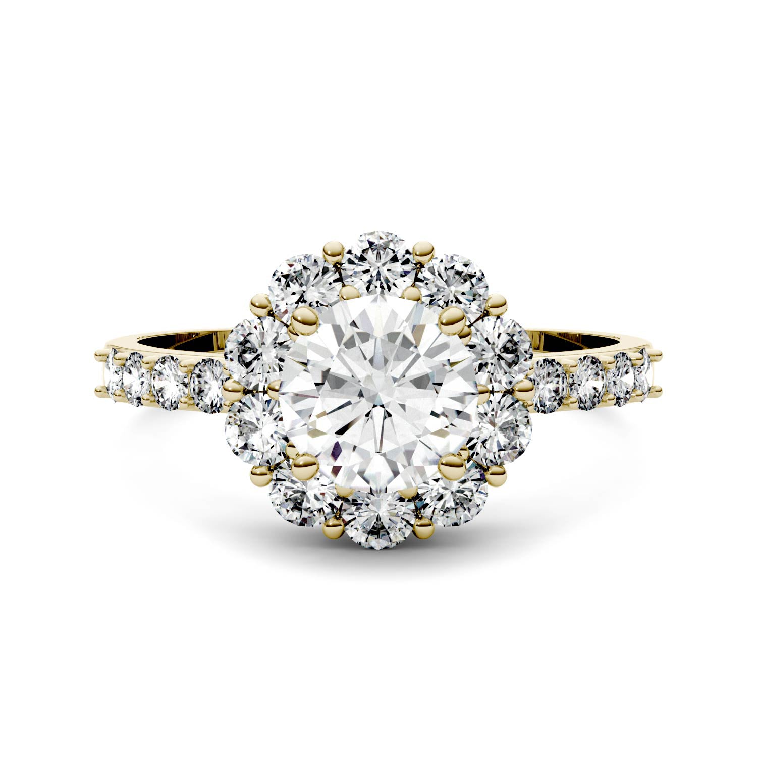 1.78 CTW DEW Round Moissanite Halo Engagement Ring in 14K Yellow Gold