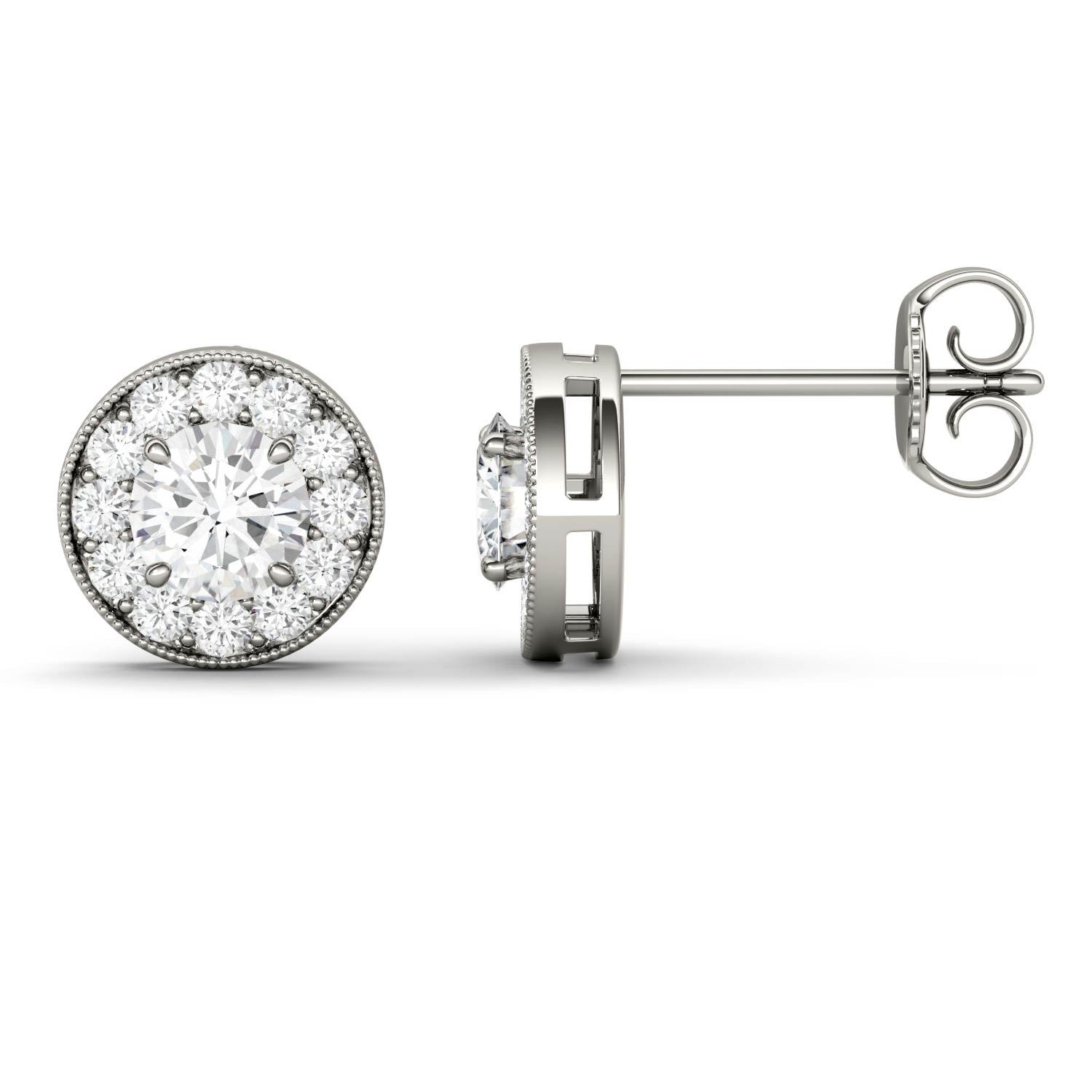 0.70 CTW DEW Round Moissanite Petite Halo Stud Earrings in 14K White Gold
