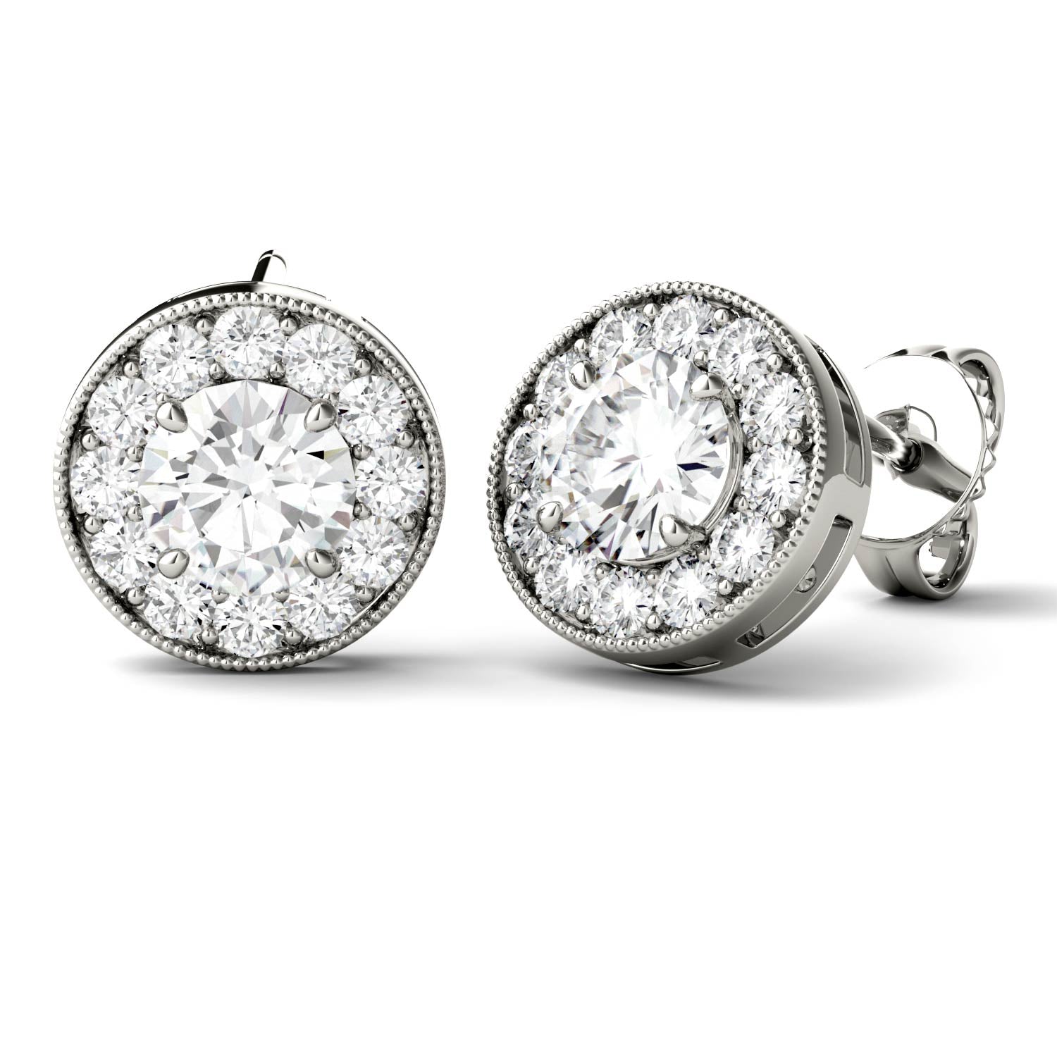 0.70 CTW DEW Round Moissanite Petite Halo Stud Earrings in 14K White Gold