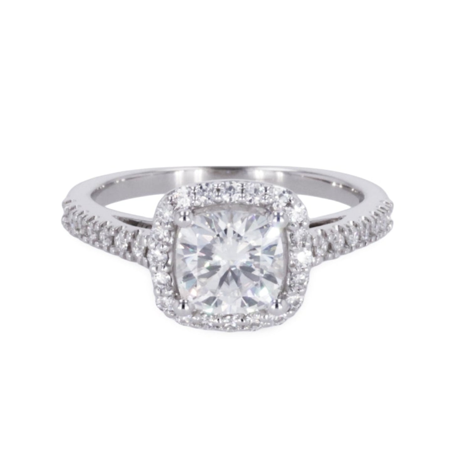 1.37 CTW DEW Cushion Moissanite Accented Halo Engagement Ring in 14K White Gold