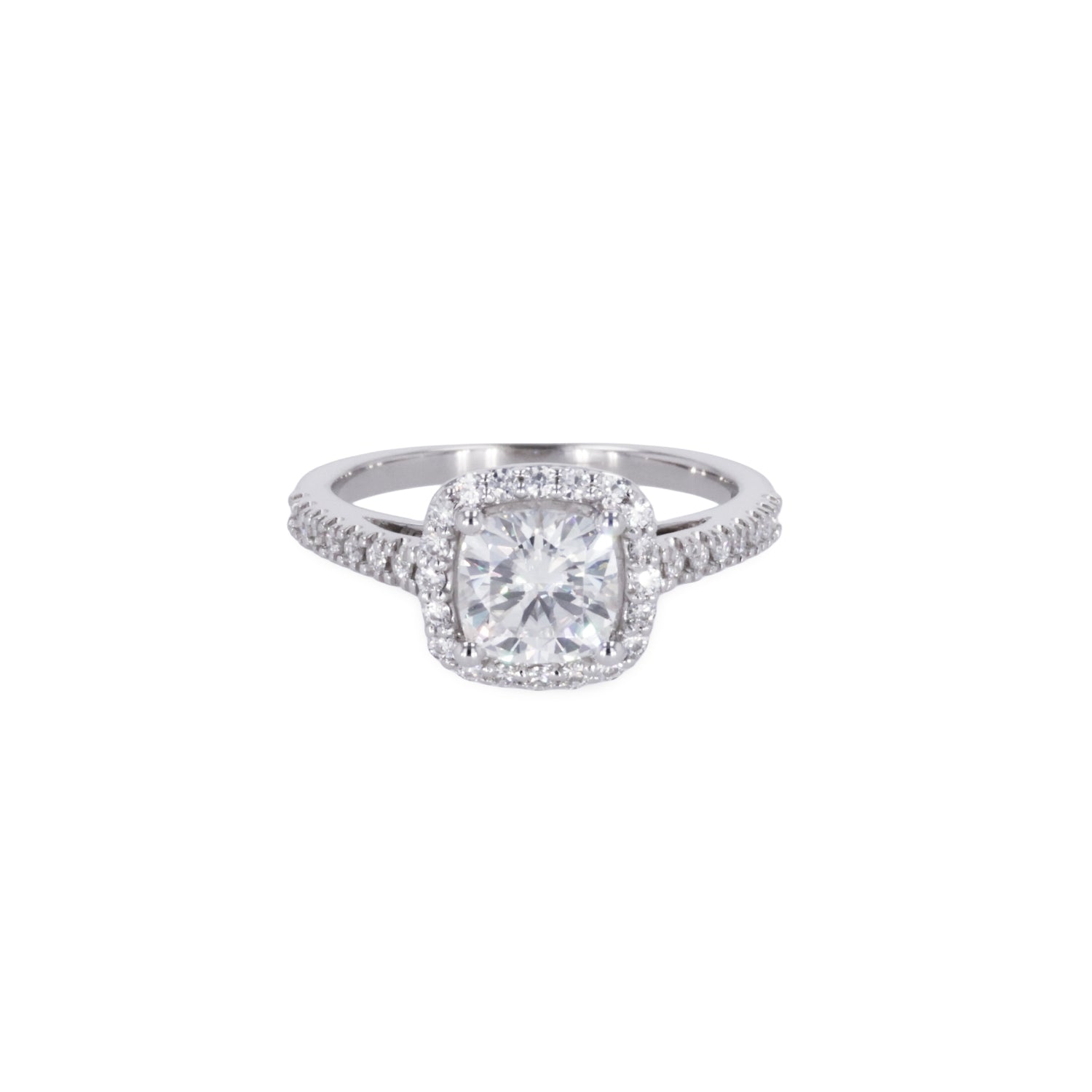 1.37 CTW DEW Cushion Moissanite Accented Halo Engagement Ring in 14K White Gold