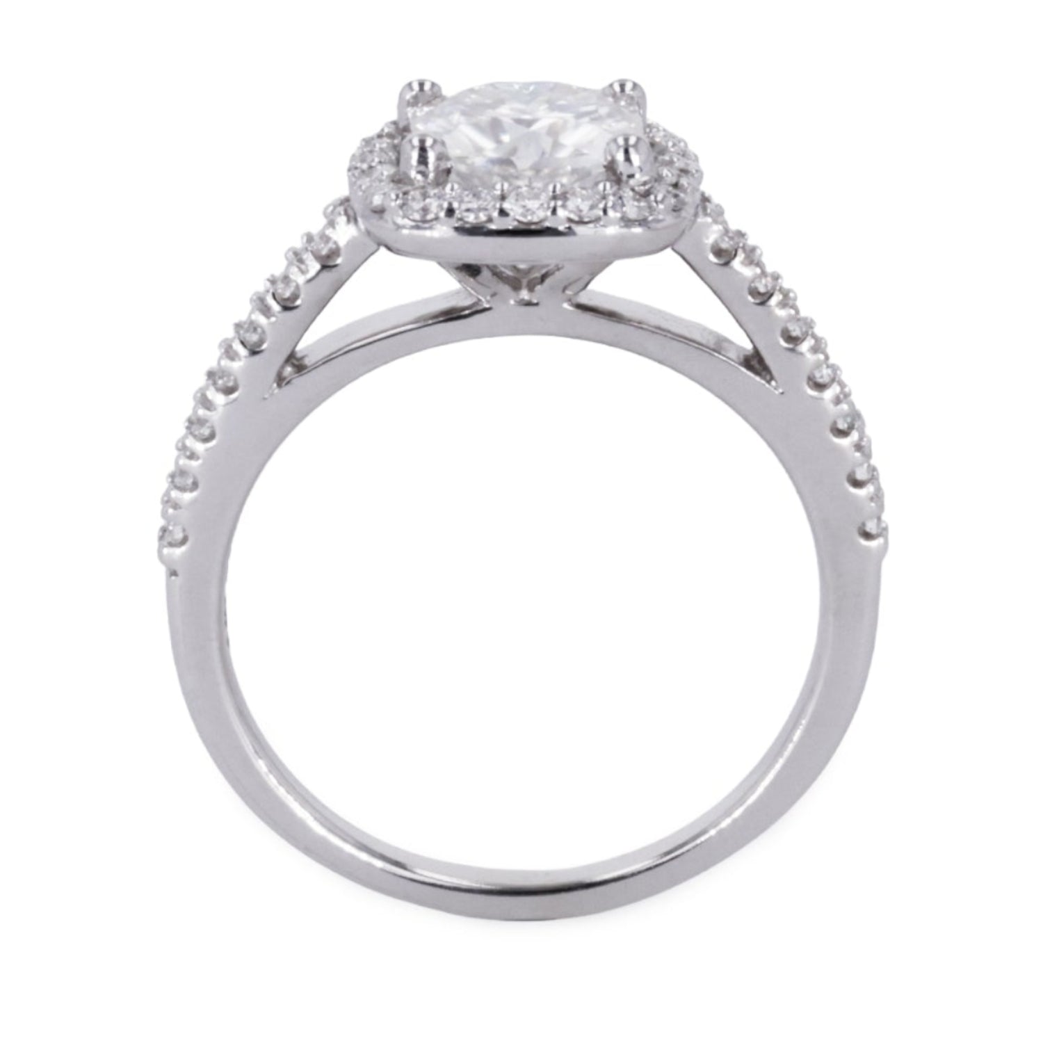 1.37 CTW DEW Cushion Moissanite Accented Halo Engagement Ring in 14K White Gold