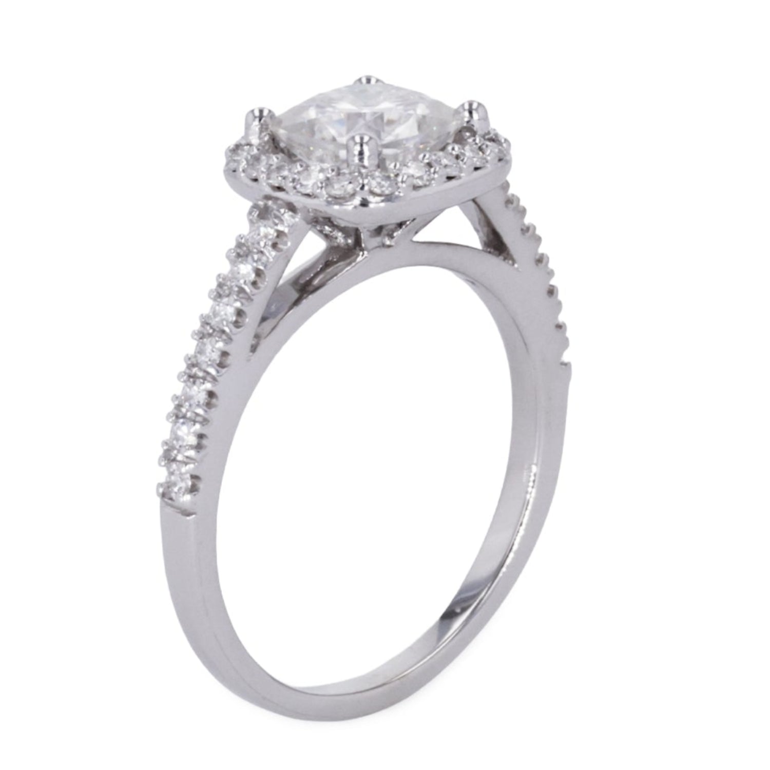 1.37 CTW DEW Cushion Moissanite Accented Halo Engagement Ring in 14K White Gold