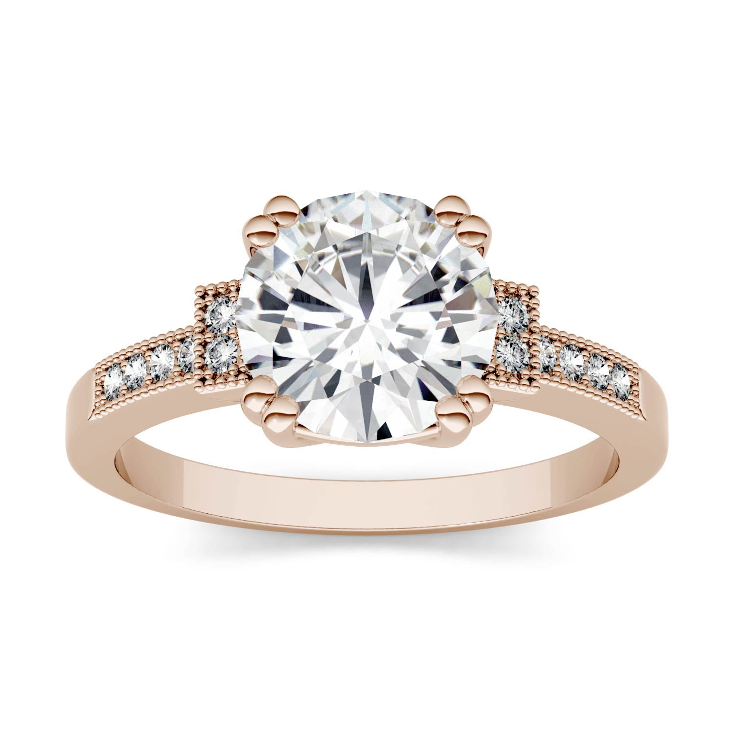1.96 CTW DEW Round Moissanite Milgrain Accented Engagement Ring in 14K Rose Gold