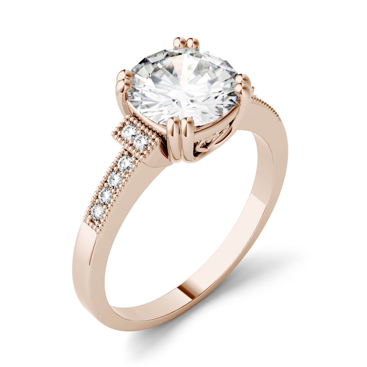 1.96 CTW DEW Round Moissanite Milgrain Accented Engagement Ring in 14K Rose Gold