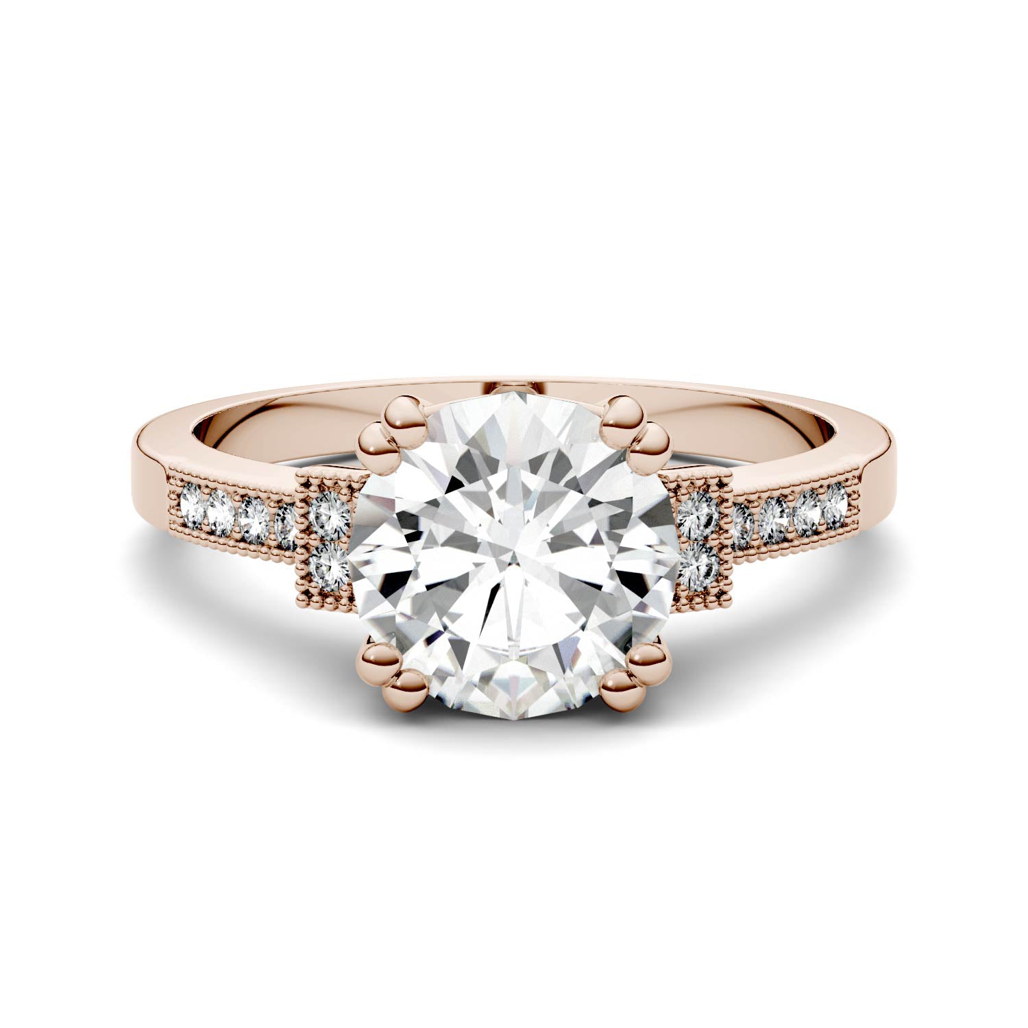 1.96 CTW DEW Round Moissanite Milgrain Accented Engagement Ring in 14K Rose Gold