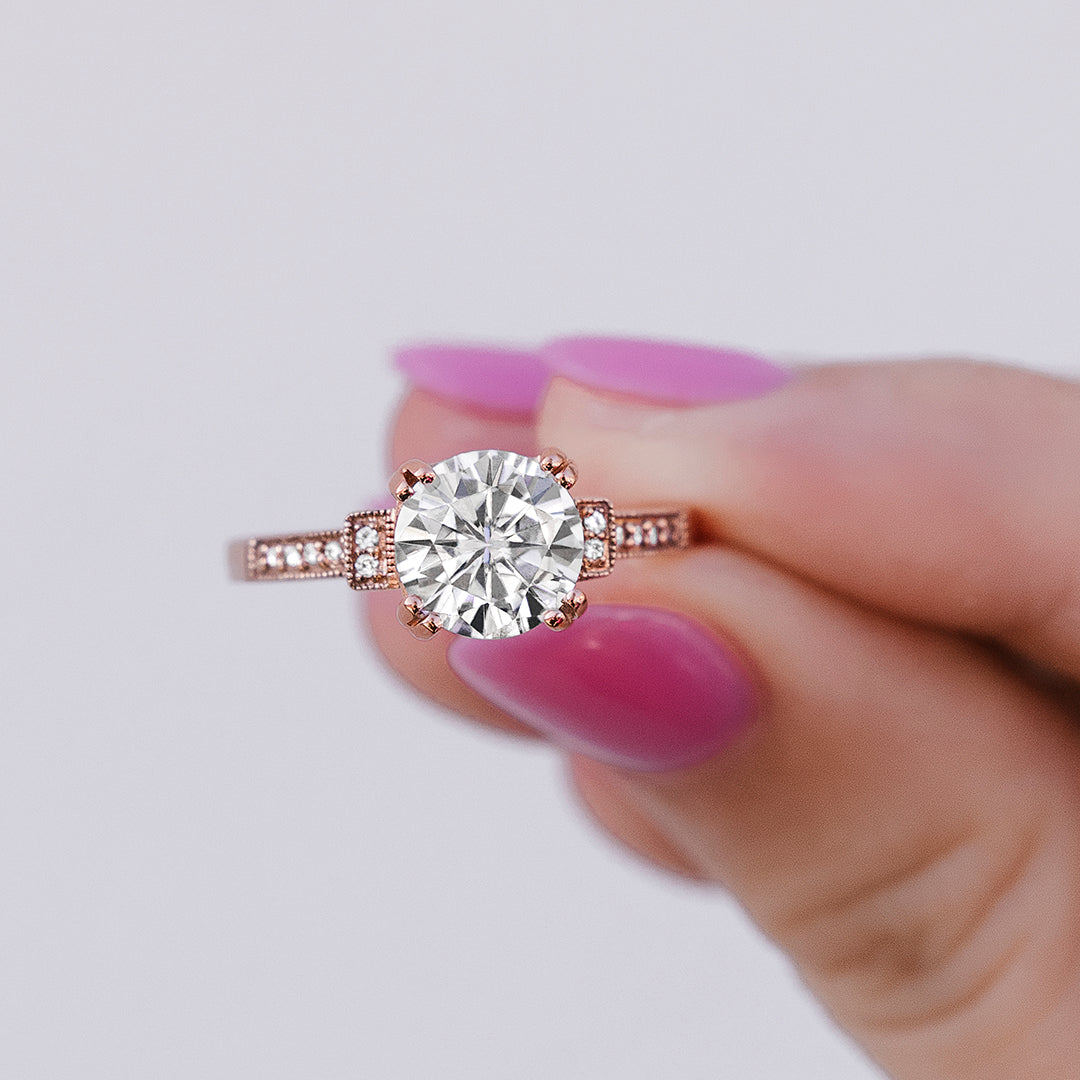1.96 CTW DEW Round Moissanite Milgrain Accented Engagement Ring in 14K Rose Gold