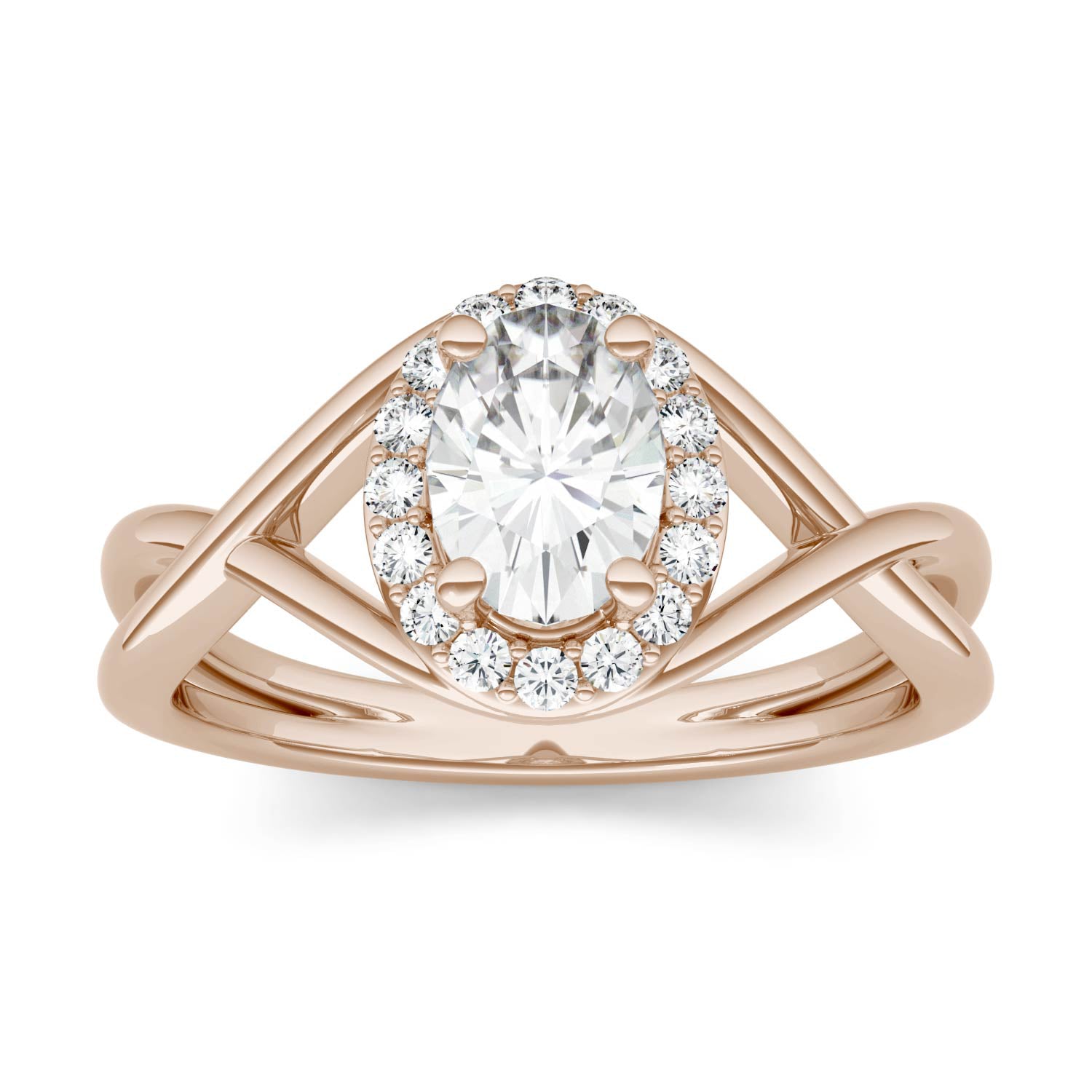 1.06 CTW DEW Oval Moissanite Halo Twist Engagement Ring in 14K Rose Gold