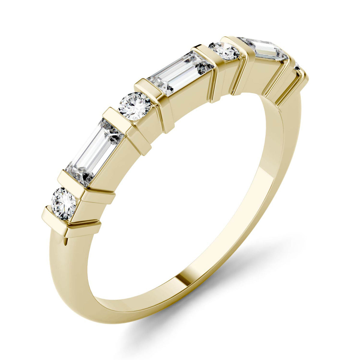 0.47 CTW DEW Step Cut Baguette Moissanite Alternating Wedding Band in 14K Yellow Gold