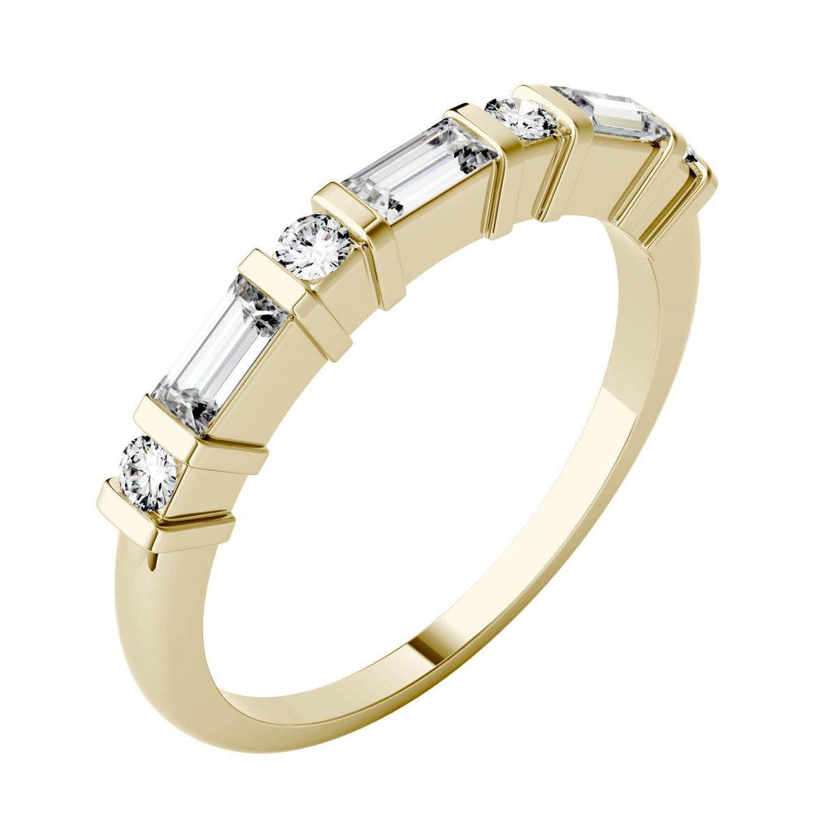 0.47 CTW DEW Step Cut Baguette Moissanite Alternating Wedding Band in 14K Yellow Gold