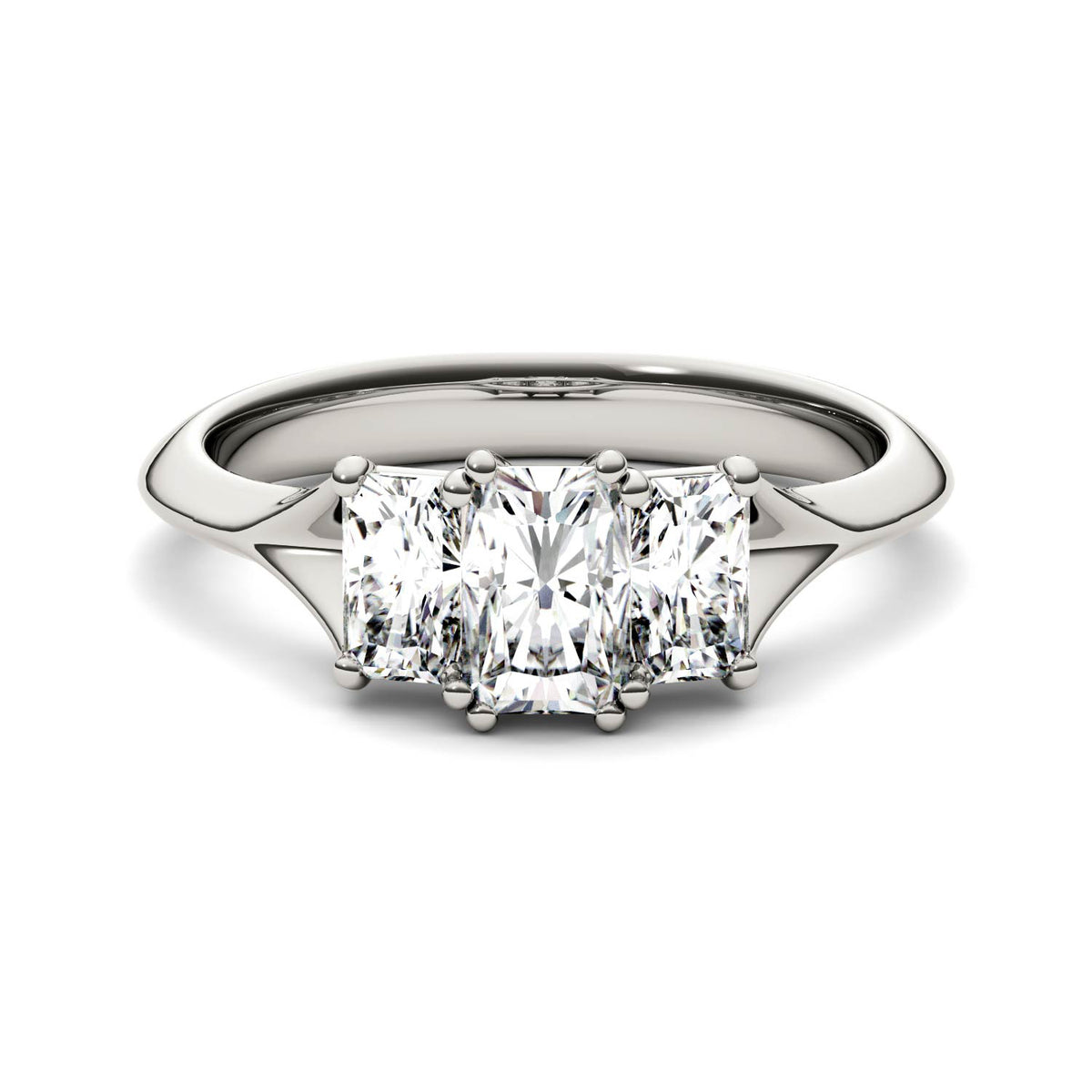 1.36 CTW DEW Radiant Moissanite Three Stone Ring in 14K White Gold