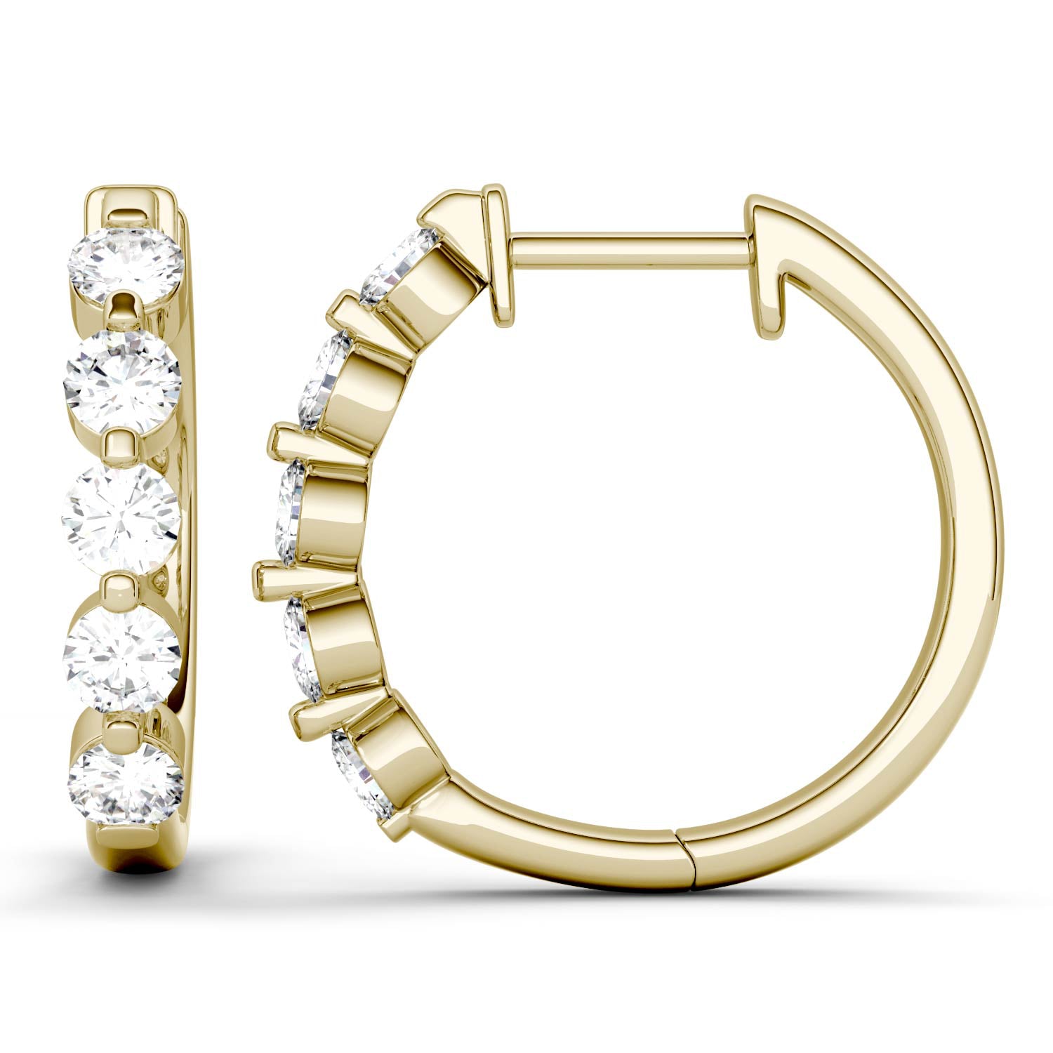 1.00 CTW DEW Round Moissanite Five Stone Hoop Earrings in 14K Yellow Gold
