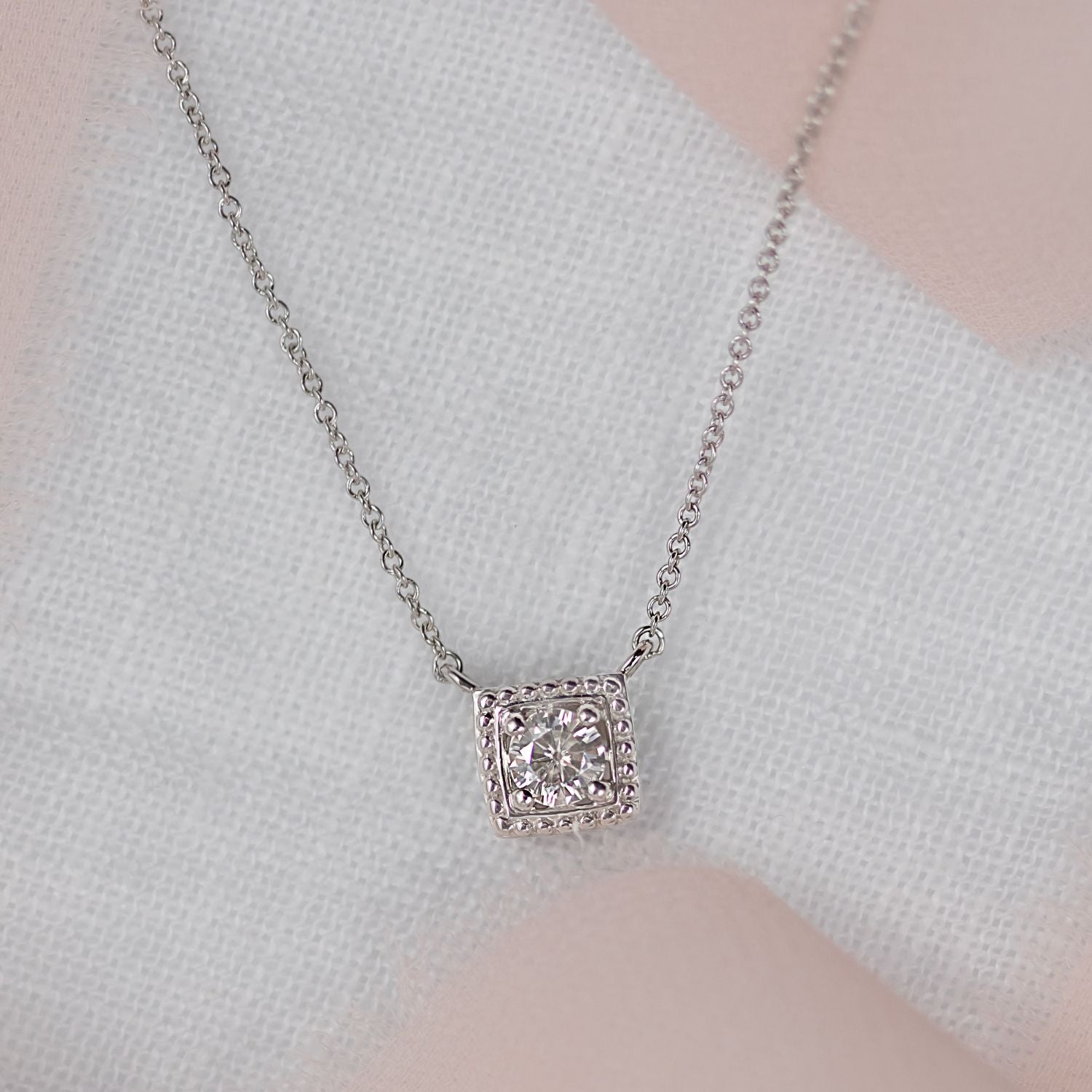 0.33 CTW DEW Round Moissanite Square Bead Halo Necklace in Sterling Silver