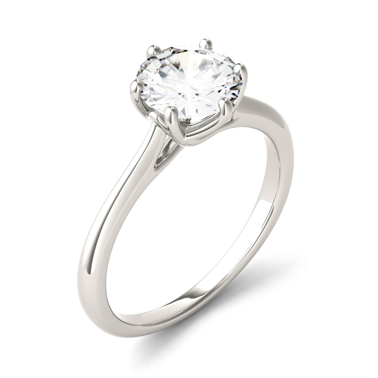 1.50 CTW DEW Round Moissanite Six Prong Solitaire Trellis Engagement Ring in 14K White Gold