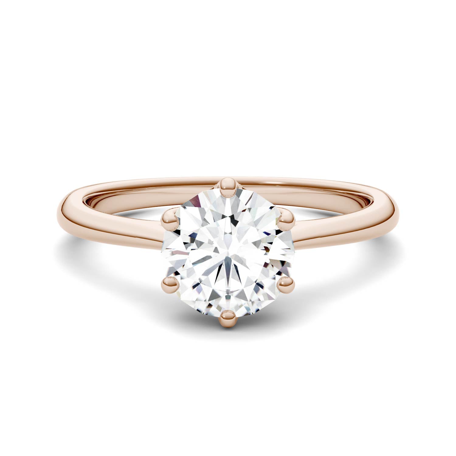 1.50 CTW DEW Round Moissanite Six Prong Solitaire Trellis Engagement Ring in 14K Rose Gold