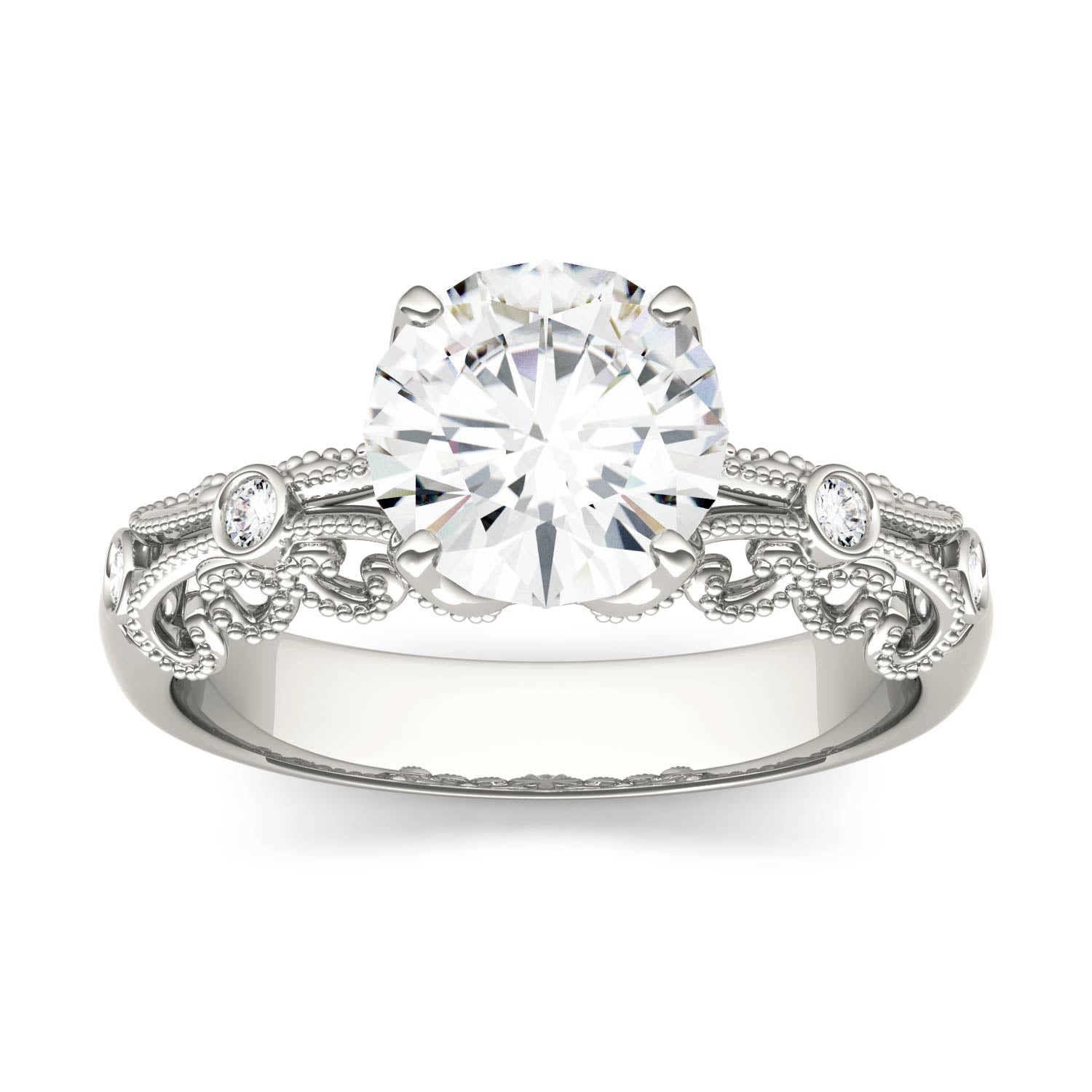 1.54 CTW DEW Round Moissanite Milgrain Accented Engagement Ring in 14K White Gold