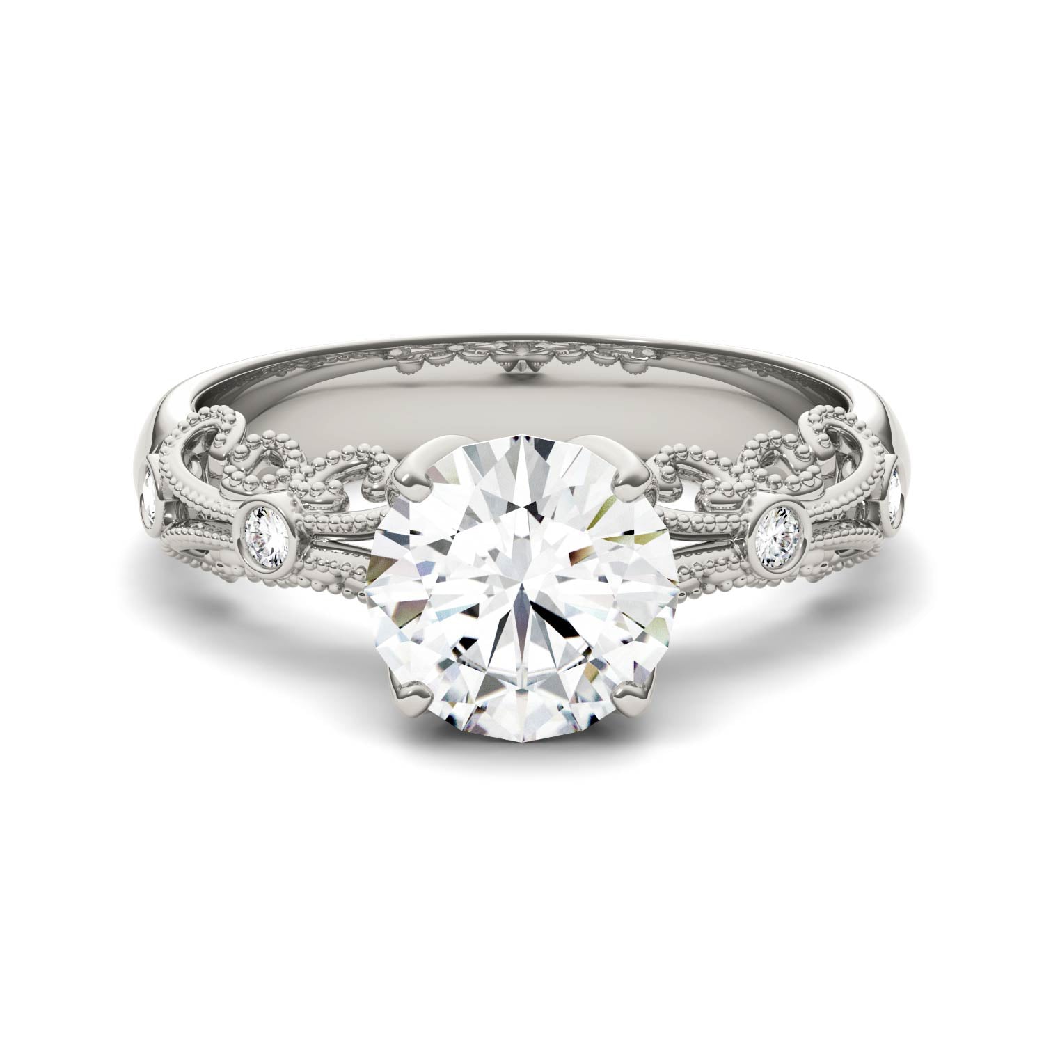 1.54 CTW DEW Round Moissanite Milgrain Accented Engagement Ring in 14K White Gold