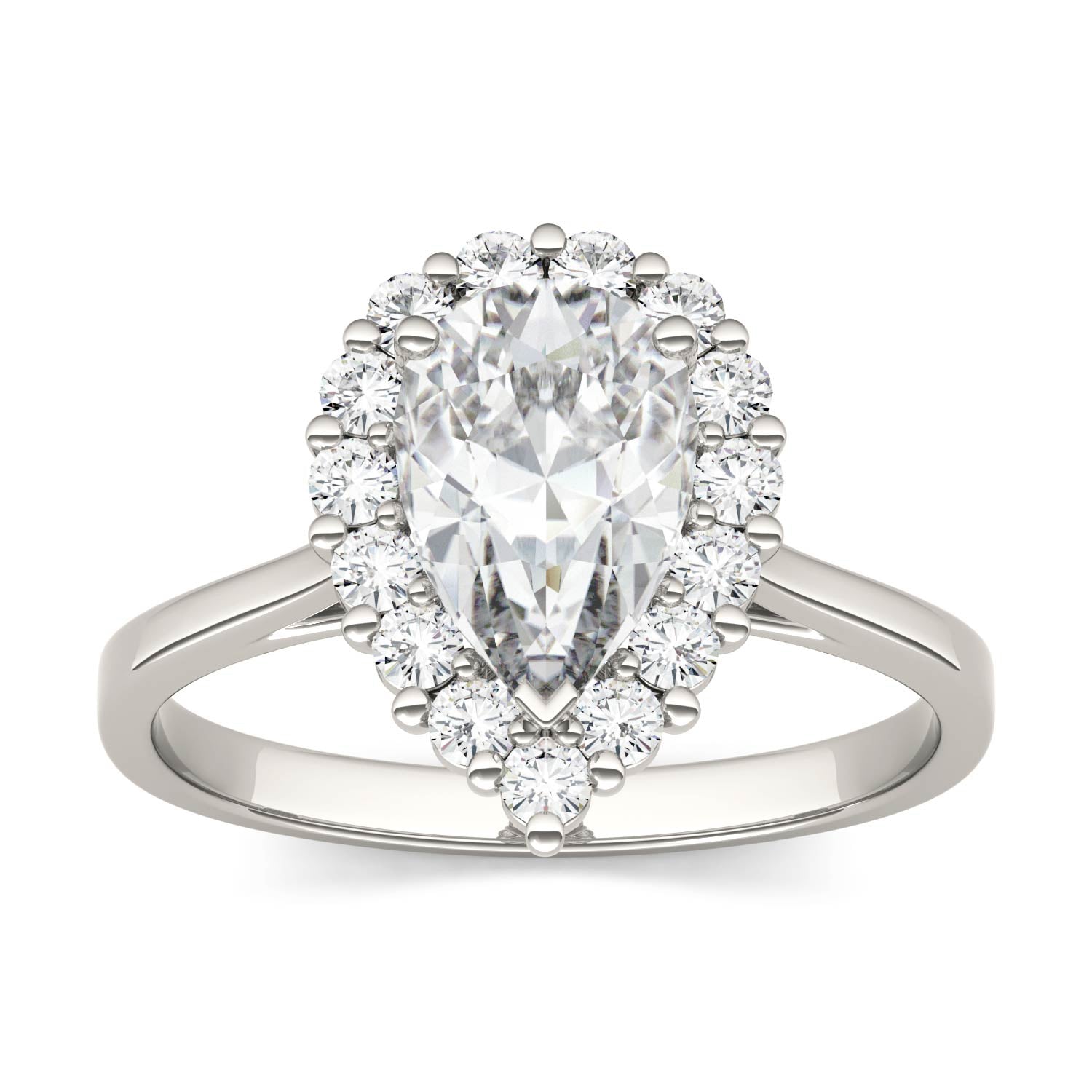 1.80 CTW DEW Pear Moissanite Halo Engagement Ring in 14K White Gold