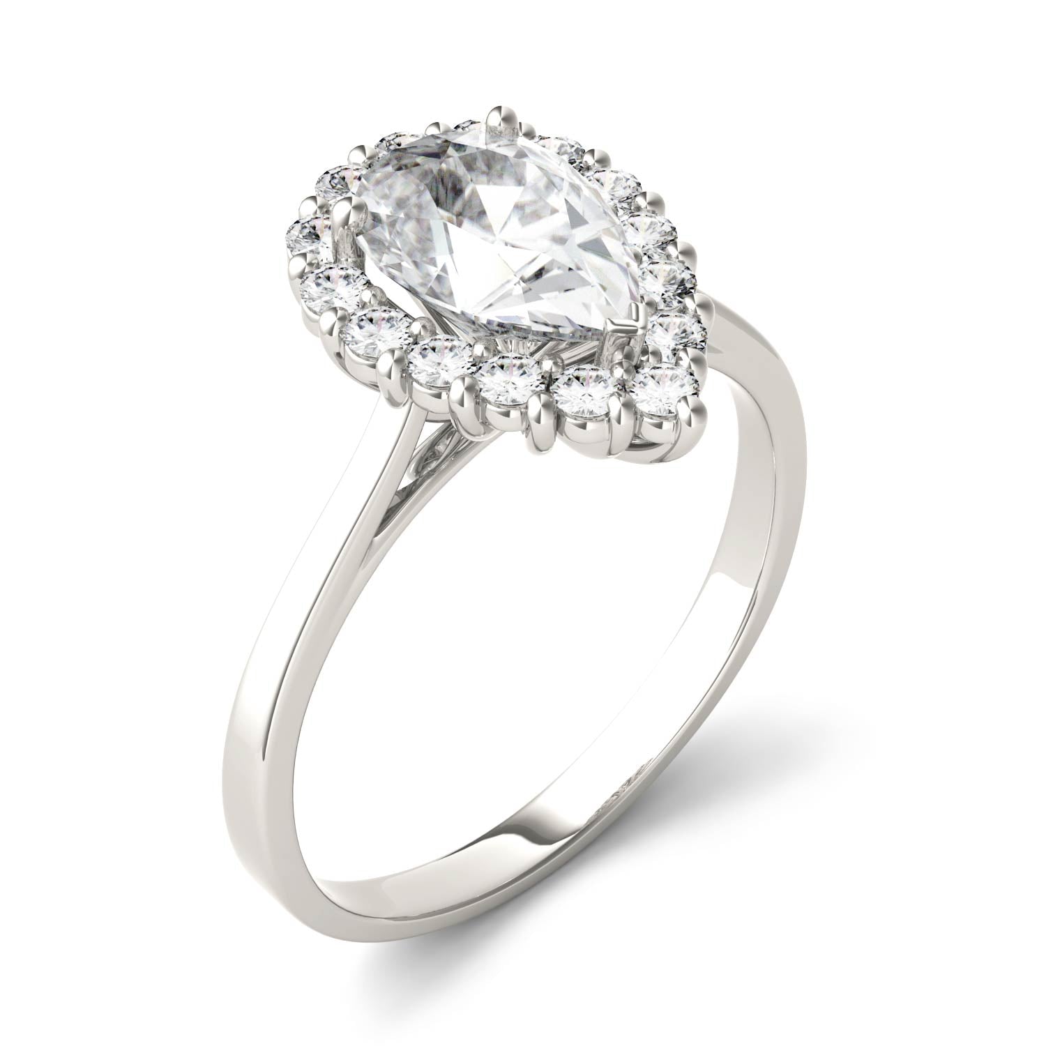 1.80 CTW DEW Pear Moissanite Halo Engagement Ring in 14K White Gold