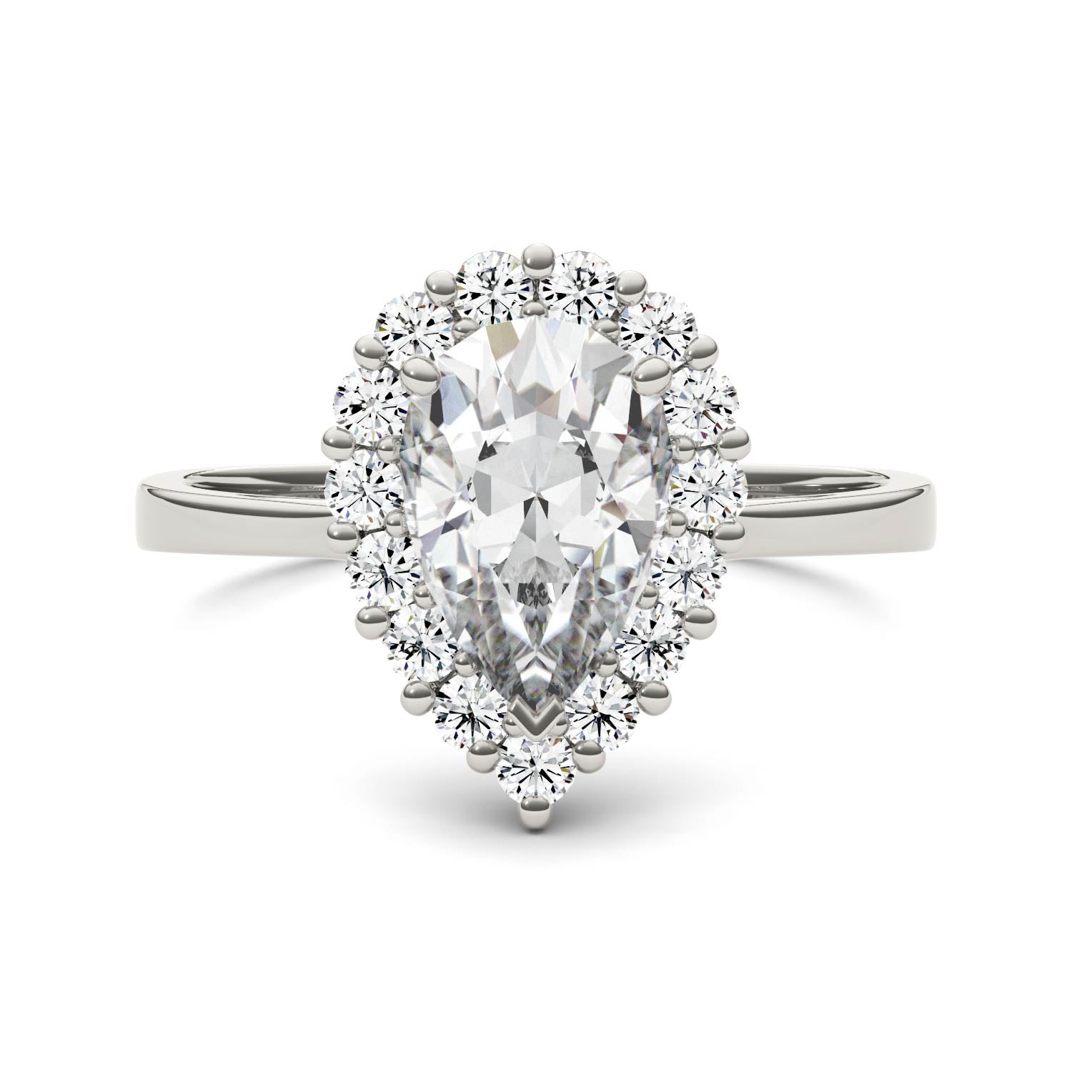 1.80 CTW DEW Pear Moissanite Halo Engagement Ring in 14K White Gold