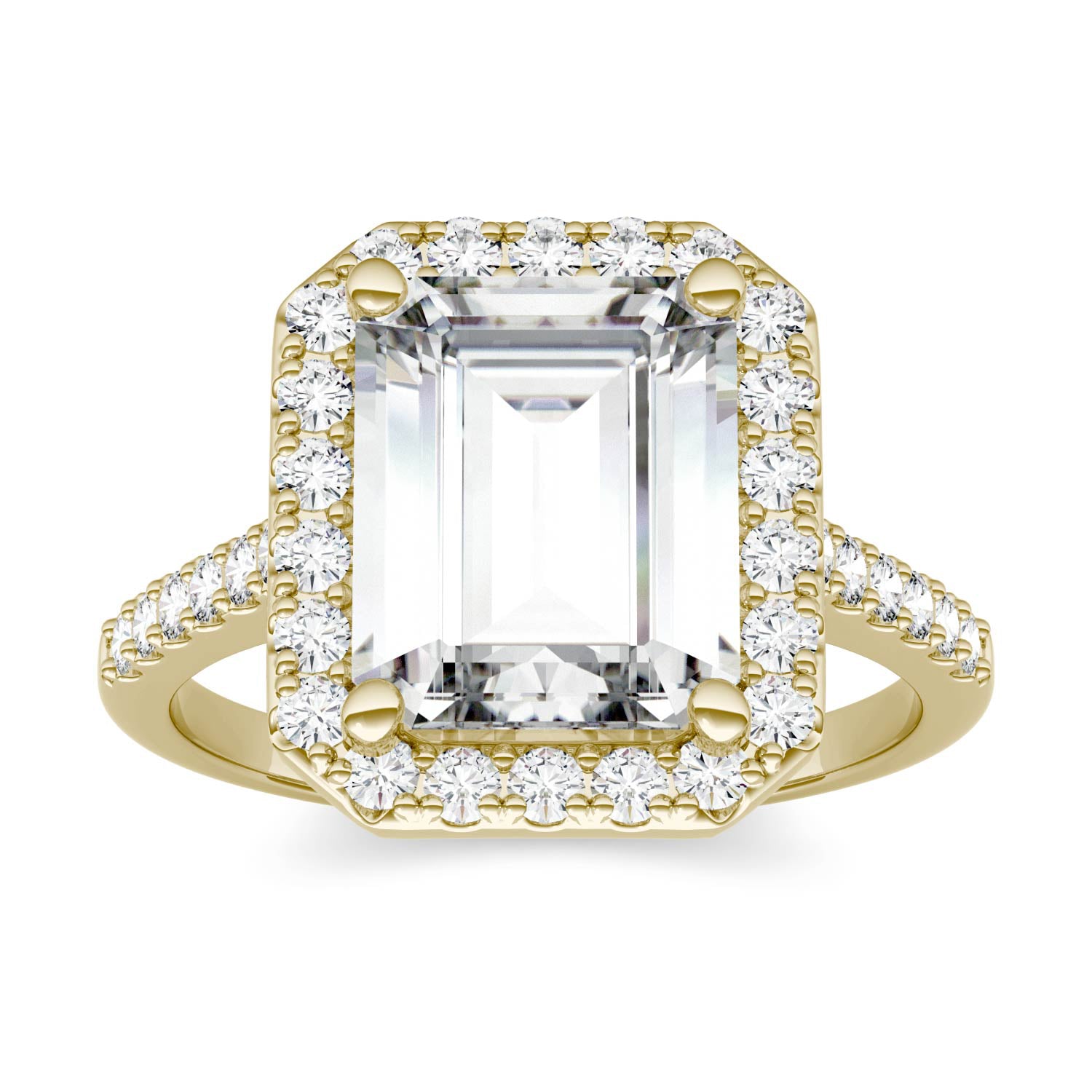 4.06 CTW DEW Emerald Moissanite Halo Engagement Ring in 14K Yellow Gold