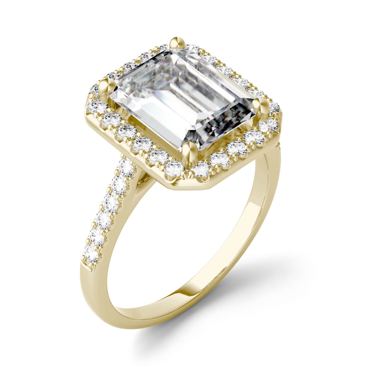 4.06 CTW DEW Emerald Moissanite Halo Engagement Ring in 14K Yellow Gold