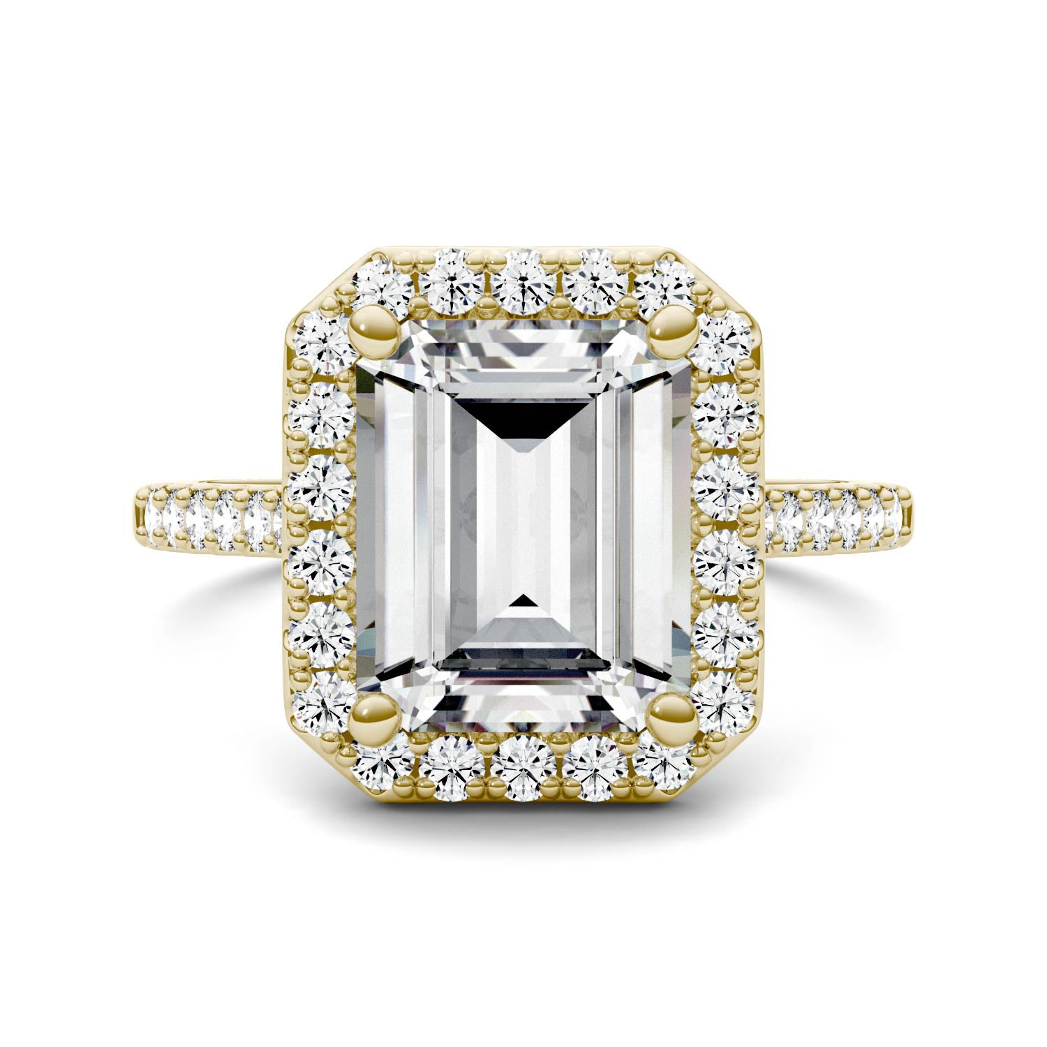 4.06 CTW DEW Emerald Moissanite Halo Engagement Ring in 14K Yellow Gold