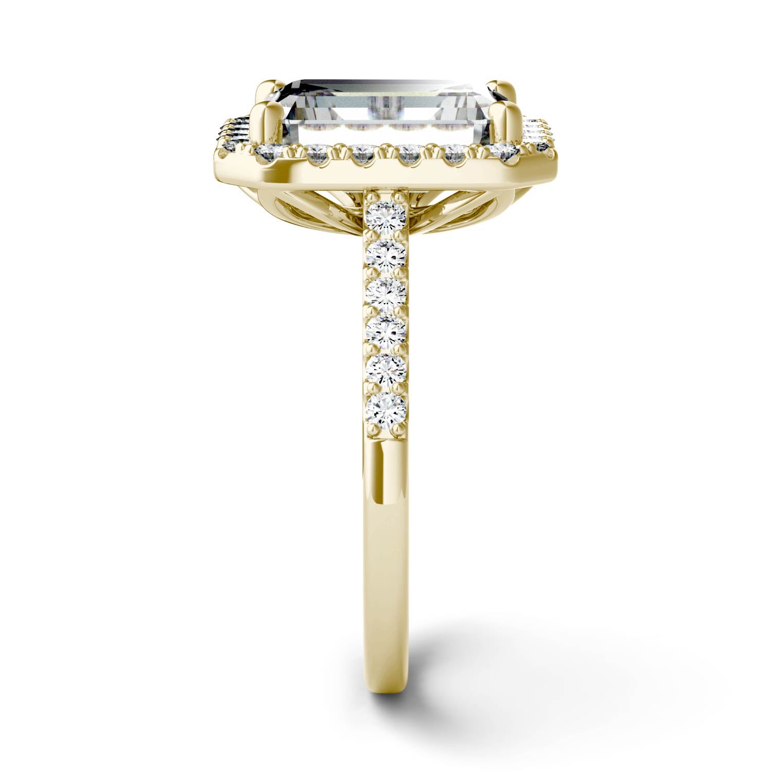 4.06 CTW DEW Emerald Moissanite Halo Engagement Ring in 14K Yellow Gold
