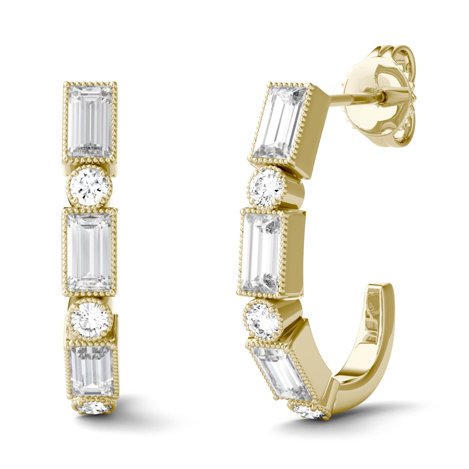 0.88 CTW DEW Round and Baguette Moissanite J-Hoop Earrings in 14K Yellow Gold