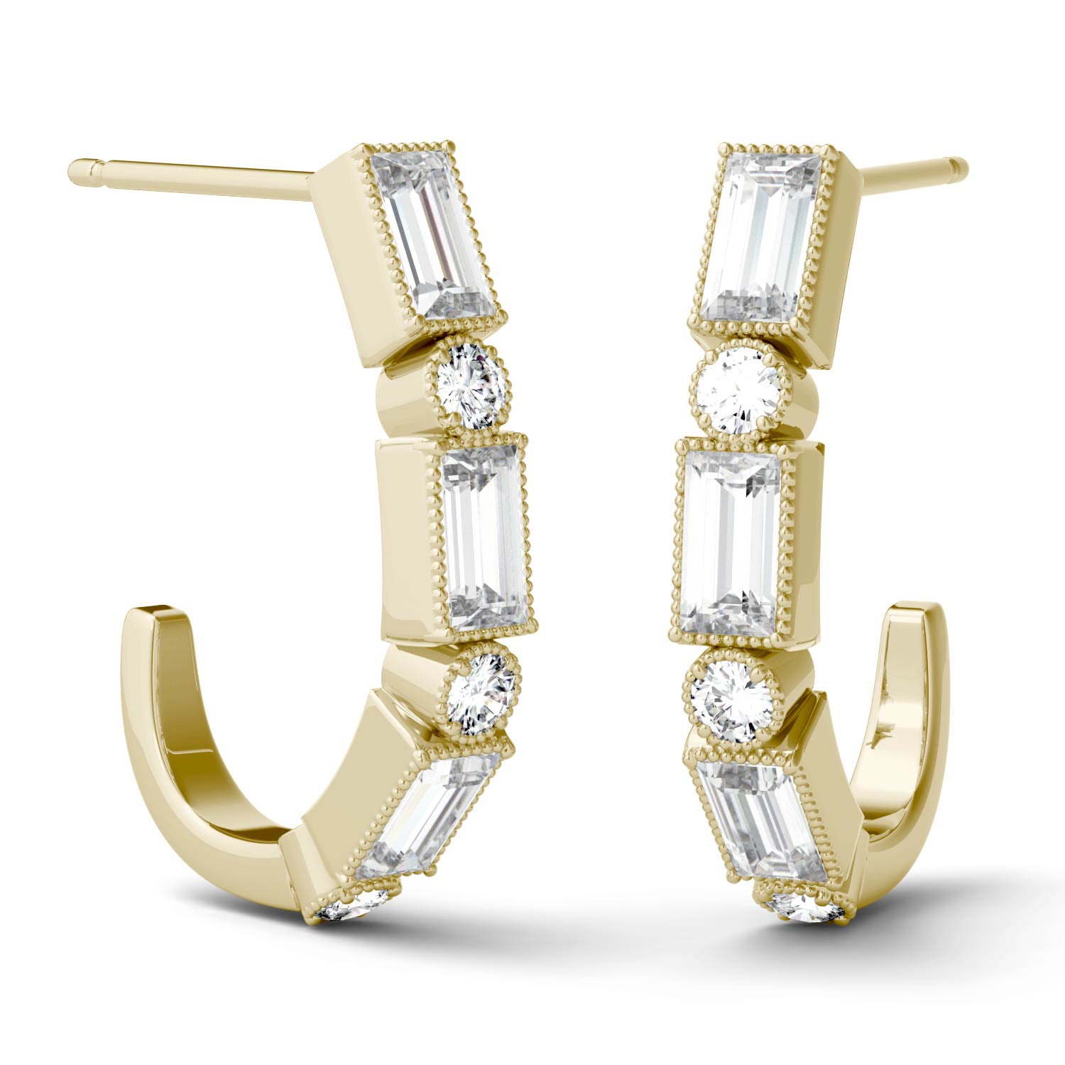 0.88 CTW DEW Round and Baguette Moissanite J-Hoop Earrings in 14K Yellow Gold
