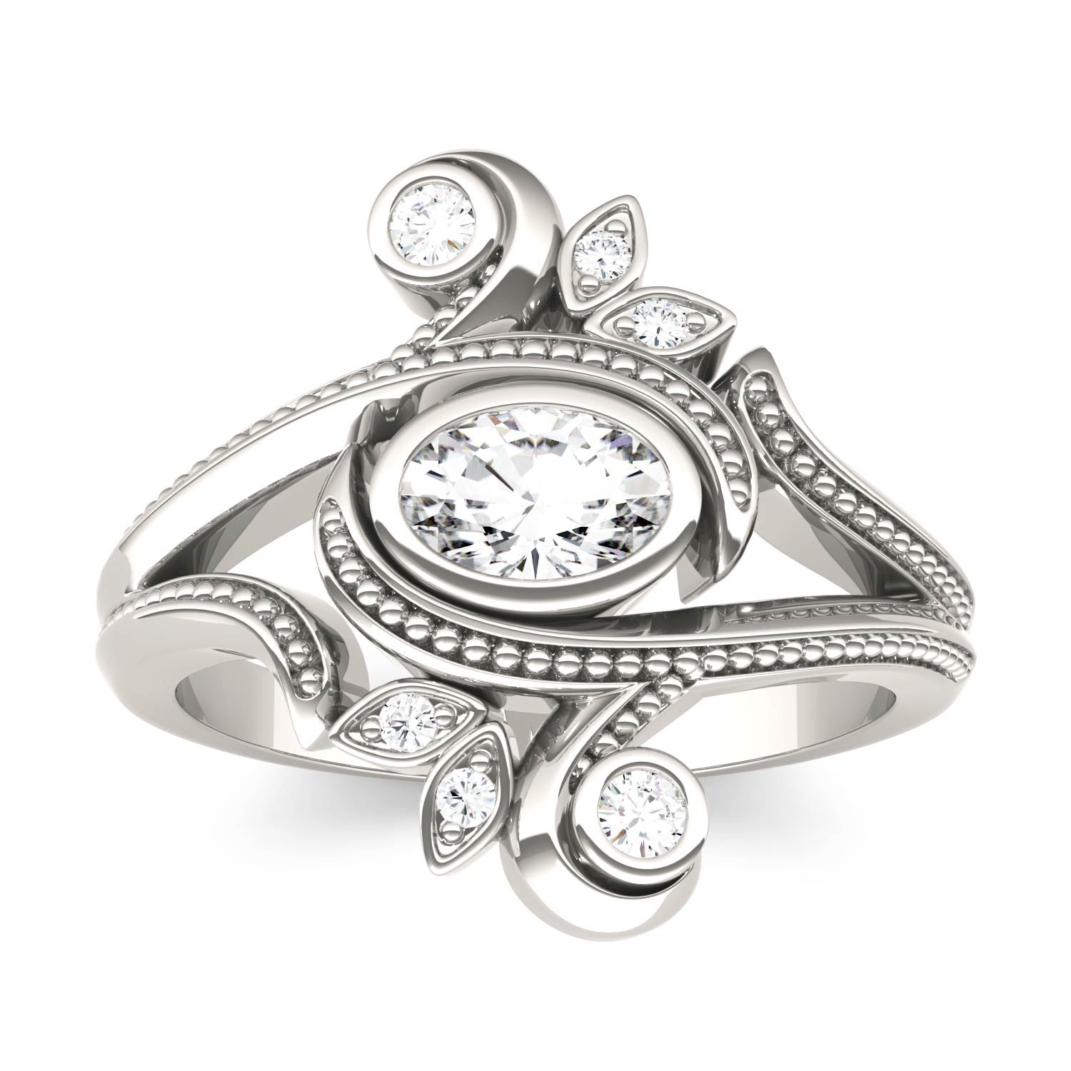 0.60 CTW DEW Oval Moissanite Bezel Floral Statement Ring in 14K White Gold