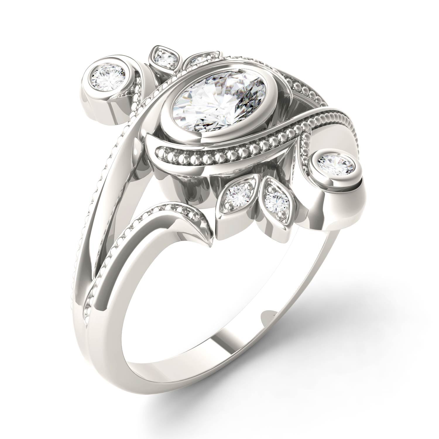 0.60 CTW DEW Oval Moissanite Bezel Floral Statement Ring in 14K White Gold