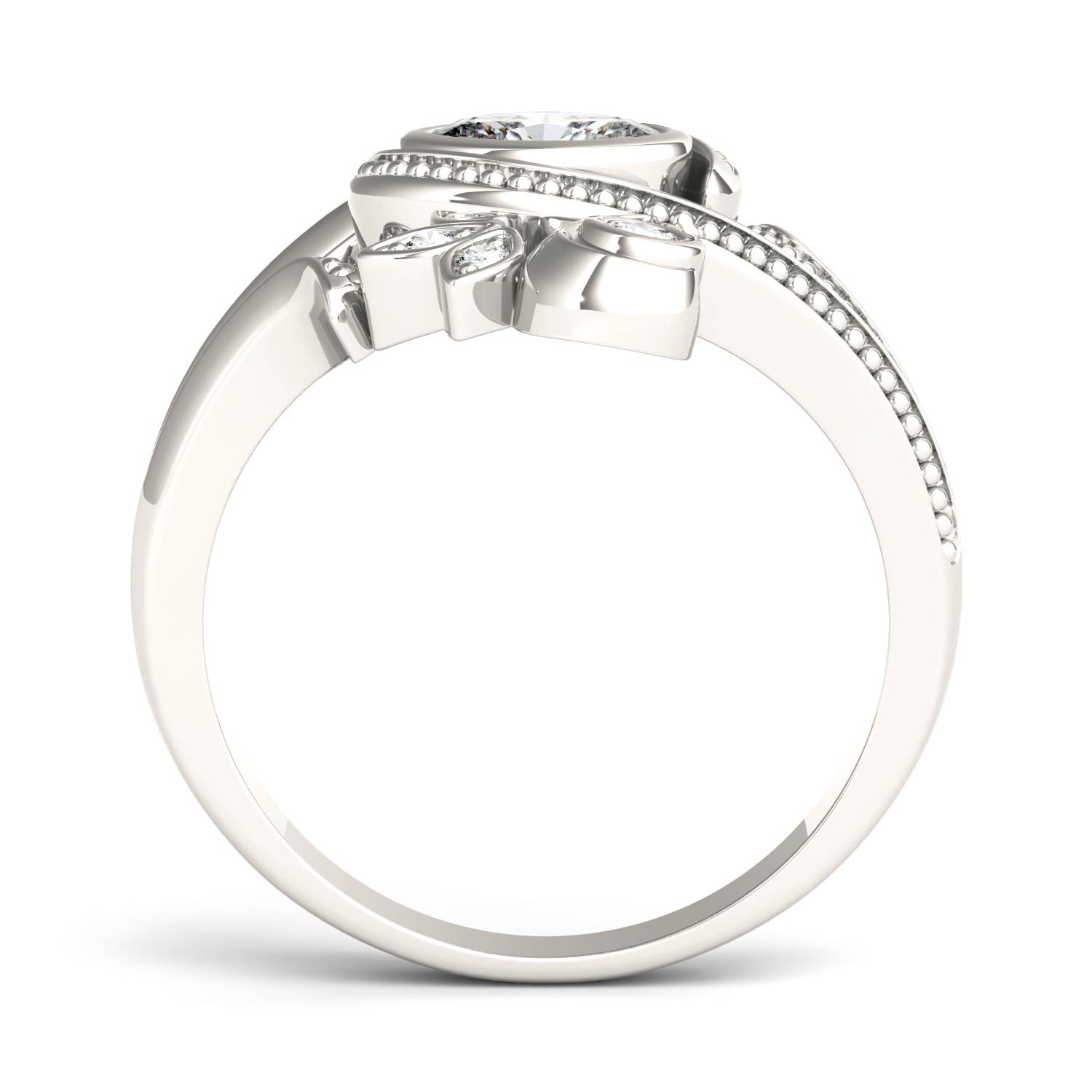 0.60 CTW DEW Oval Moissanite Bezel Floral Statement Ring in 14K White Gold