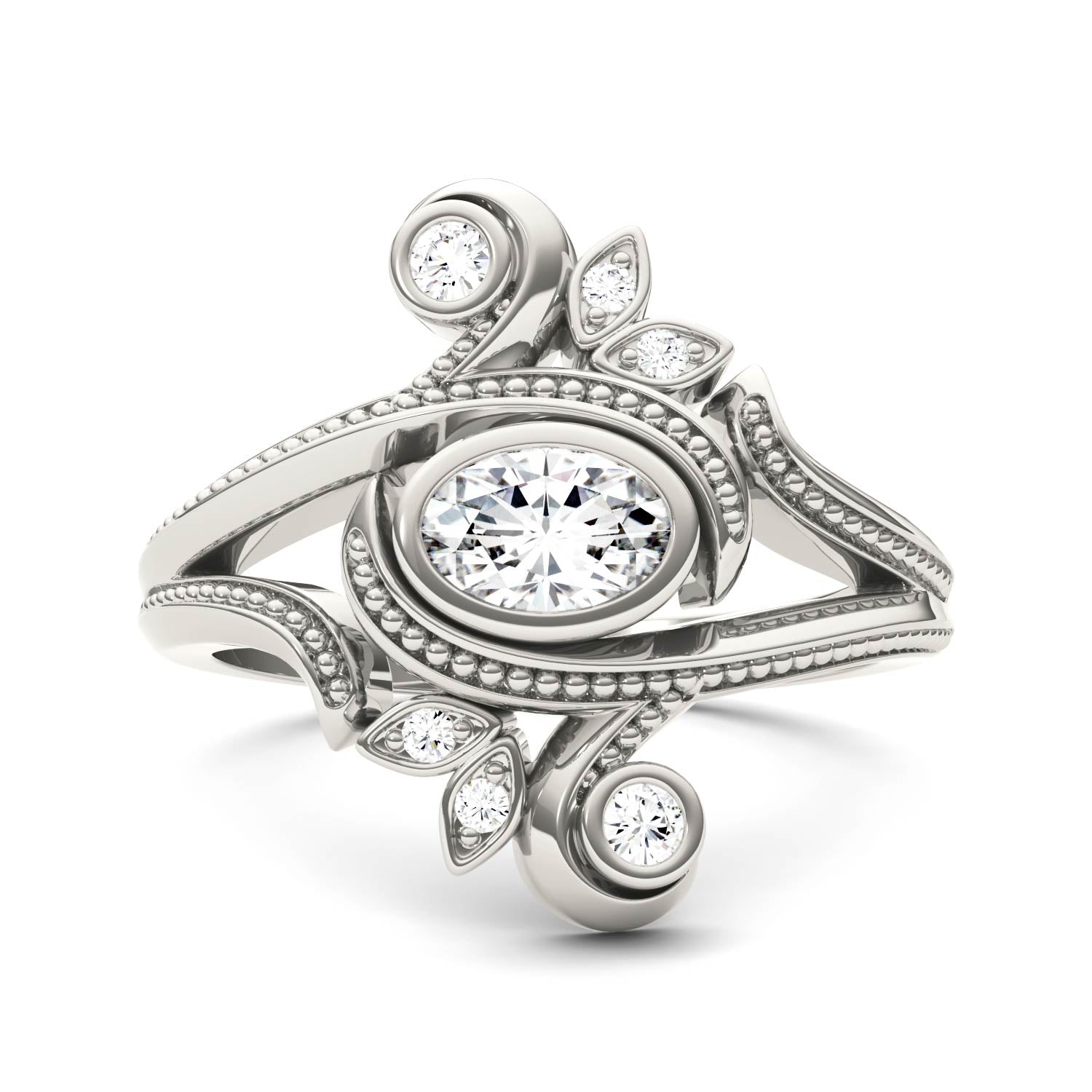 0.60 CTW DEW Oval Moissanite Bezel Floral Statement Ring in 14K White Gold