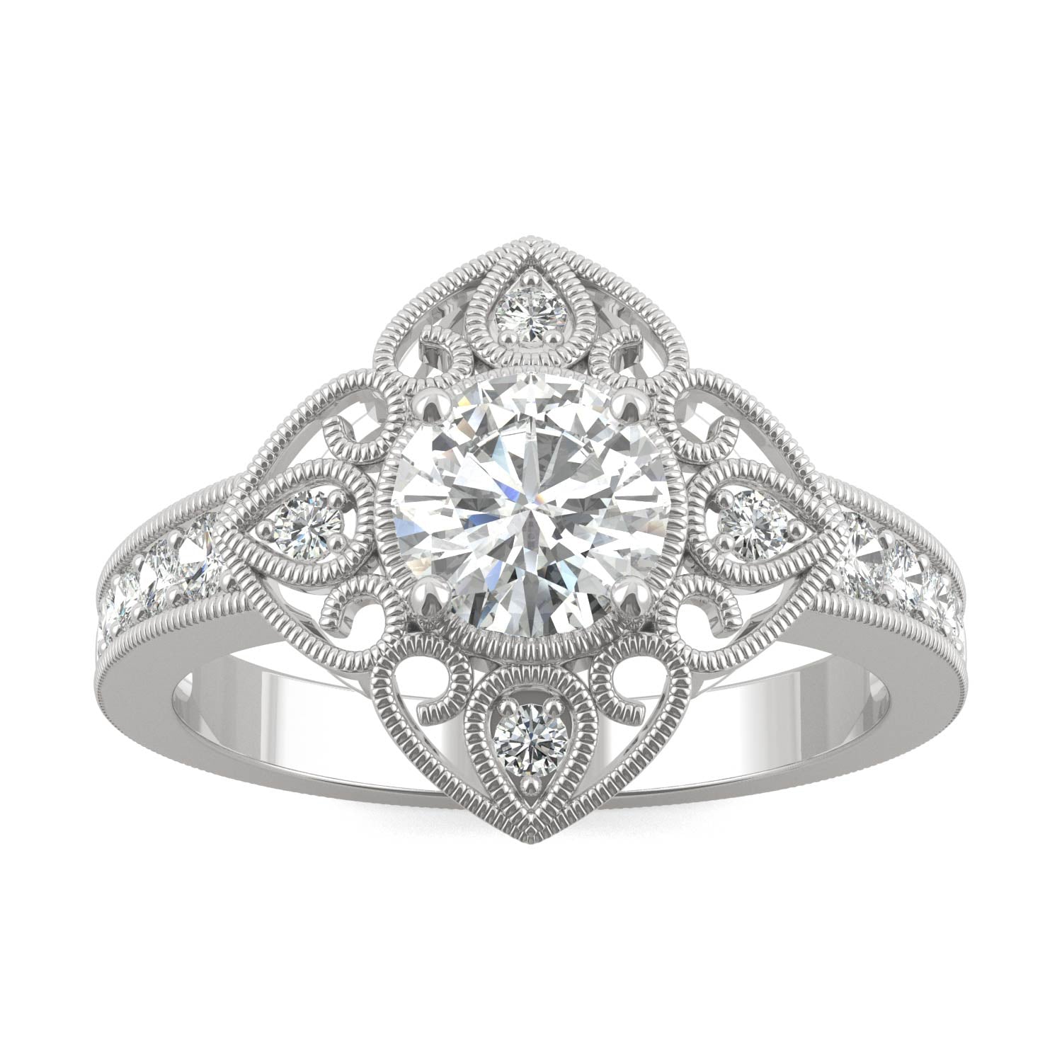 1.05 CTW DEW Round Moissanite Floral Milgrain Fashion Ring in 14K White Gold