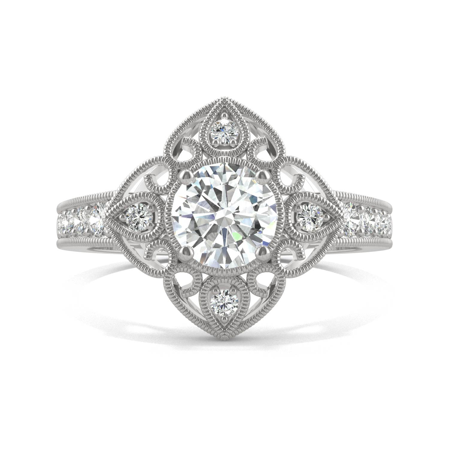 1.05 CTW DEW Round Moissanite Floral Milgrain Fashion Ring in 14K White Gold