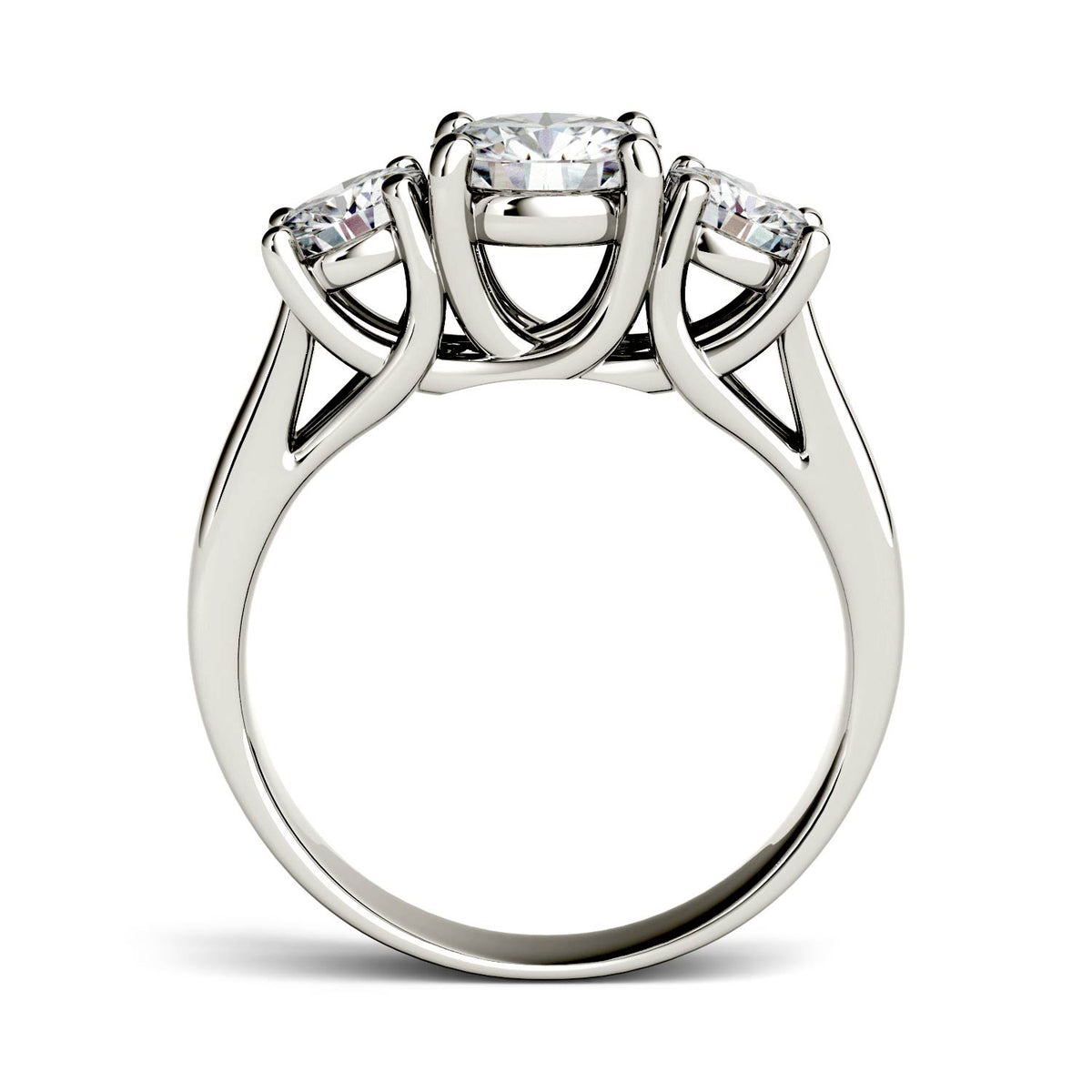 2.00 CTW DEW Round Moissanite Three-Stone Trellis Ring in 14K White Gold