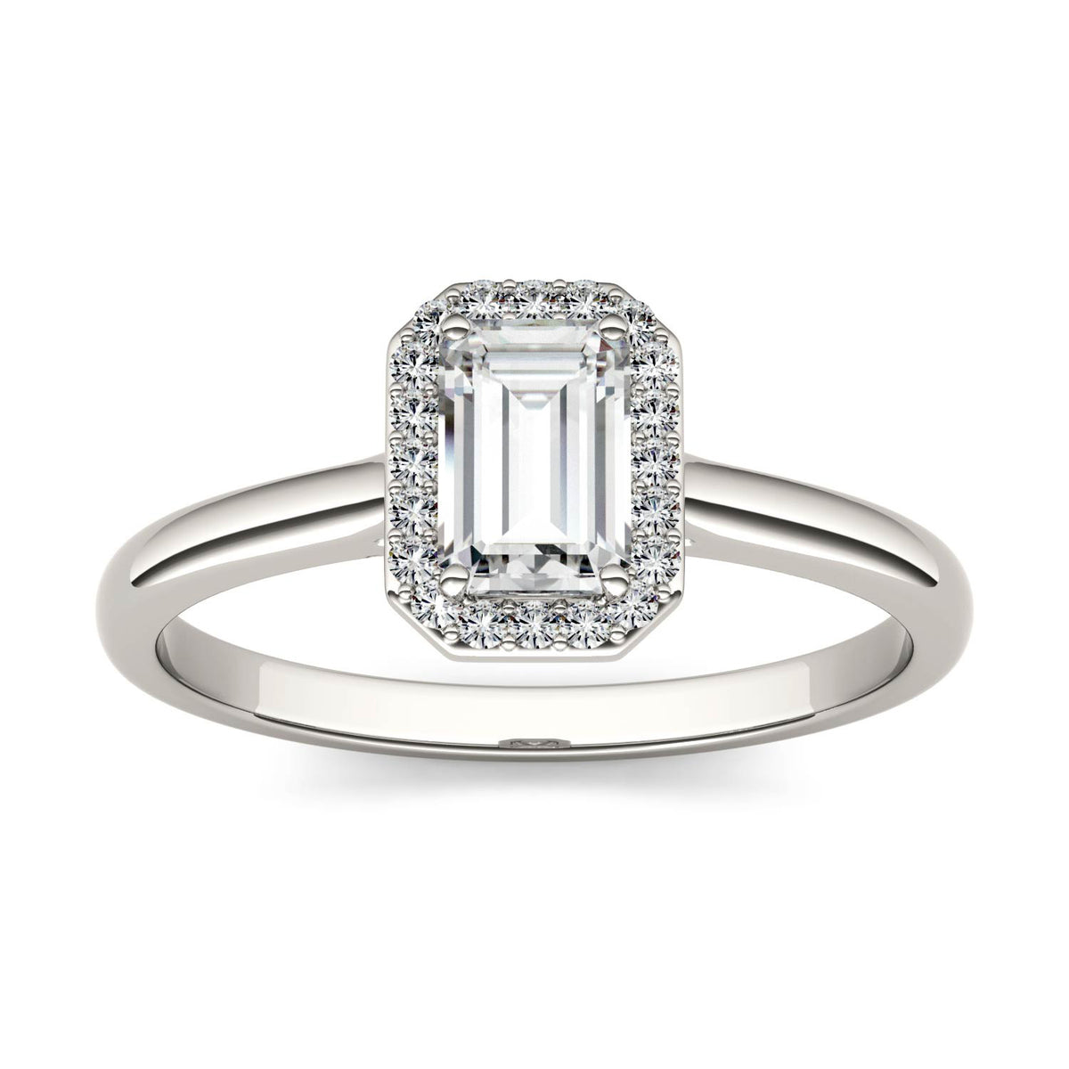 0.68 CTW DEW Emerald Moissanite Halo Ring in 14K White Gold