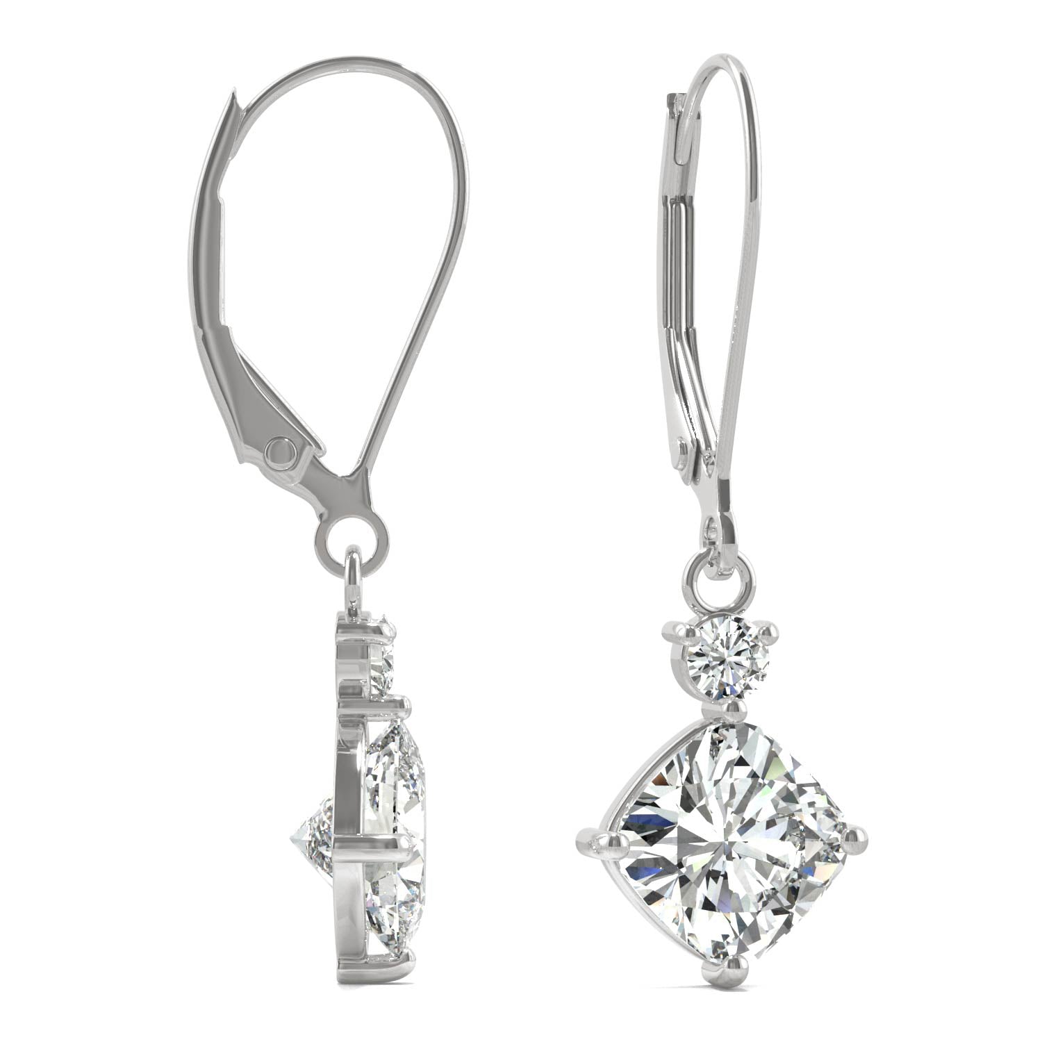 2.32 CTW DEW Cushion Moissanite Drop Leverback Earrings in 14K White Gold