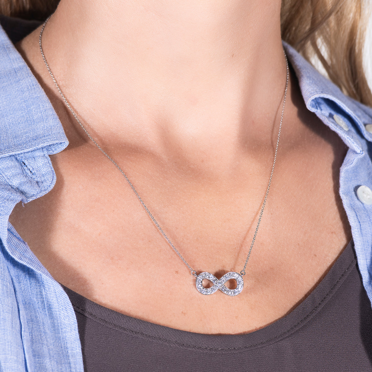 0.76 CTW DEW Round Moissanite Infinity Necklace in 14K White Gold