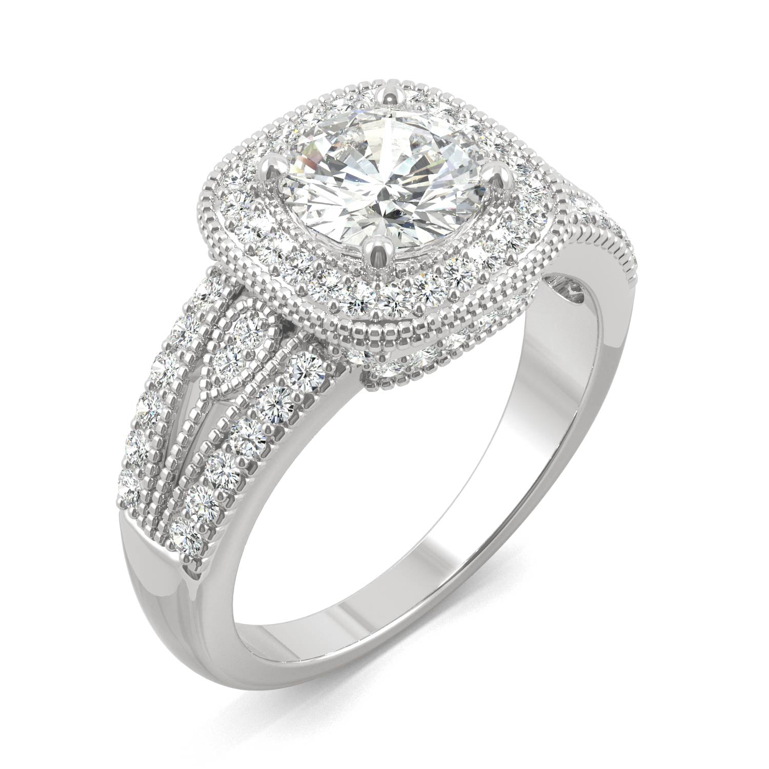 1.47 CTW DEW Round Moissanite Milgrain Accented Halo Engagement Ring in 14K White Gold